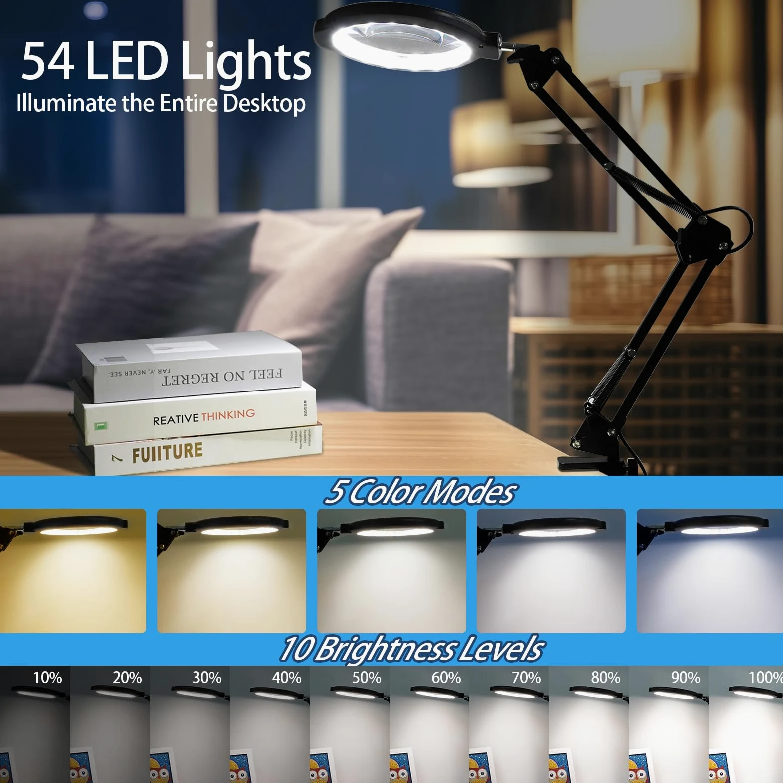 Lupa de suelo con luz y soporte, 12 lupas flexibles con 54 LED, 5 modos de color regulable sin niveles, con manos libres, lupa iluminada para leer, coser, manualidades, trabajo fino