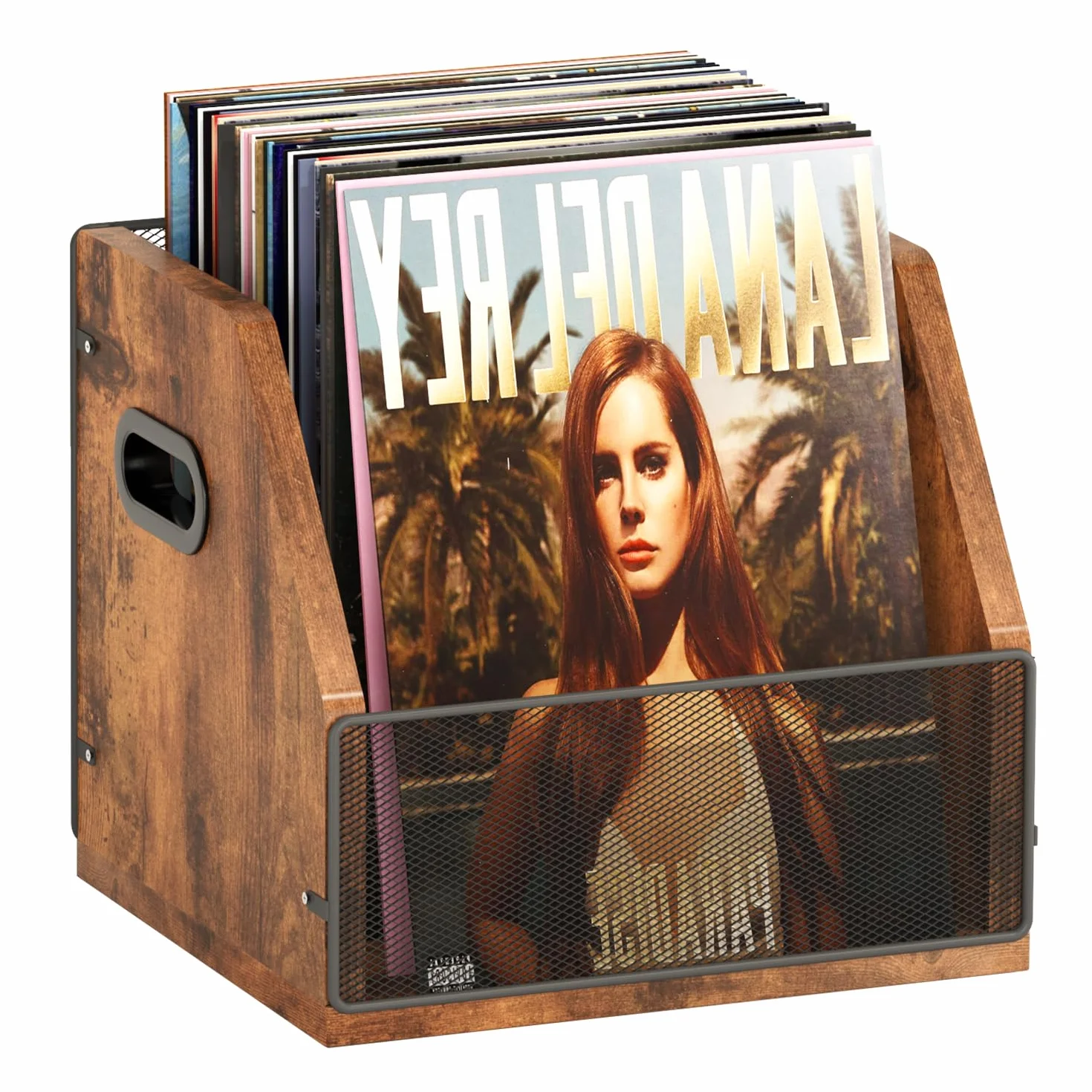 Homeiju Caja de almacenamiento de discos de vinilo de metal y madera, capacidad para hasta 60 discos, marrón rústico negro (1 paquete), portátil, uso en interiores, almacenamiento de música