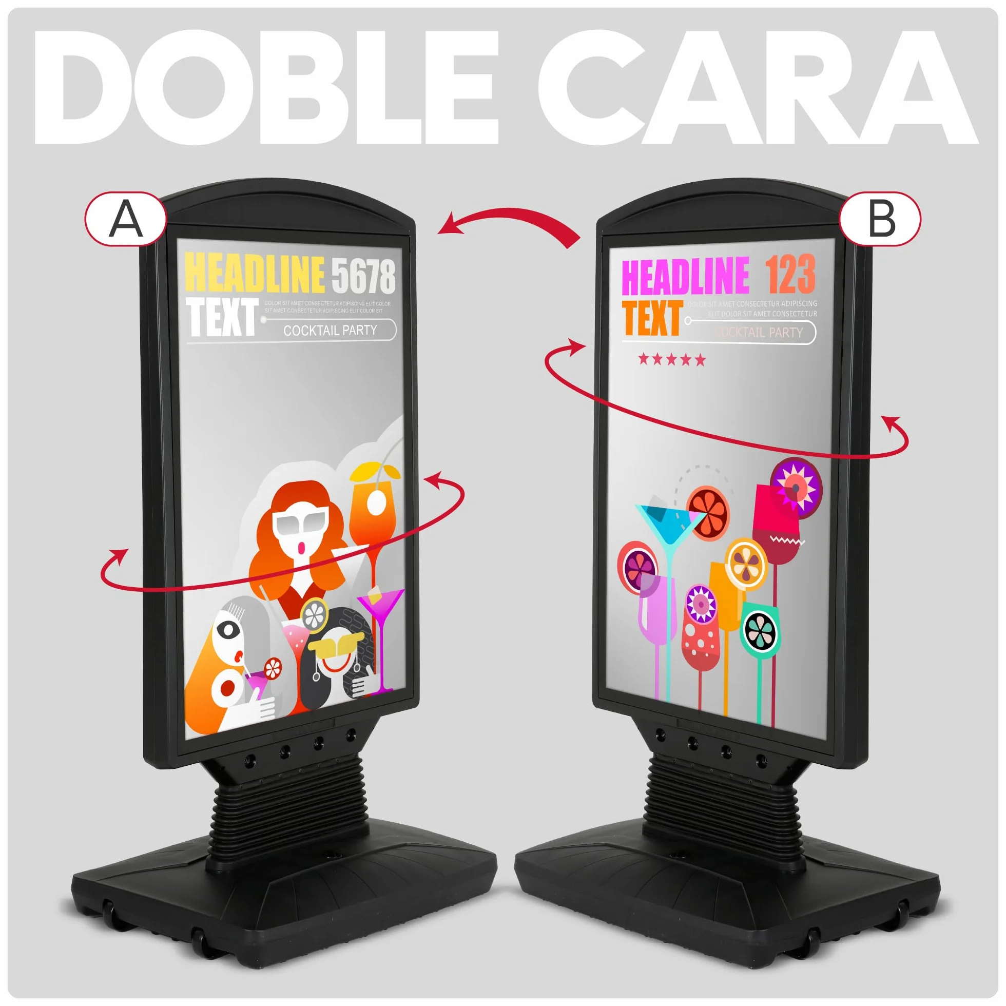 Caballete Publicitario Exterior Dortmund | Expositor Doble Cara Tamaño A1 con Base Rellenable y Ruedas | Soporte para Carteles Resistente al Viento y Agua | Con Protector UV