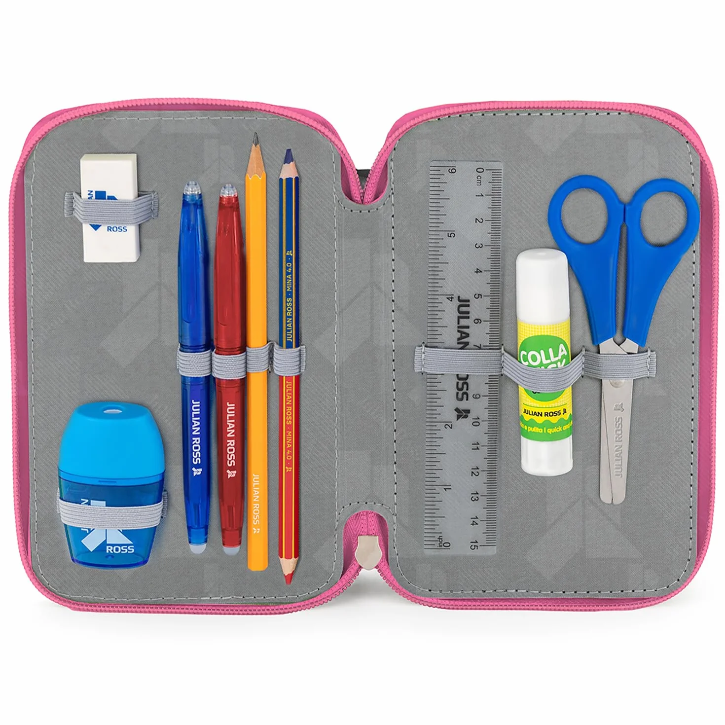 Plumier Triple 45 Piezas – Estuche Escolar Completo con Bolígrafos Gel Borrables, Lápices 4.0 mm, Rotuladores, Tijeras, Pegamento – Ideal Primaria y Regalo niña – Sirena Brillante – Julian Ross