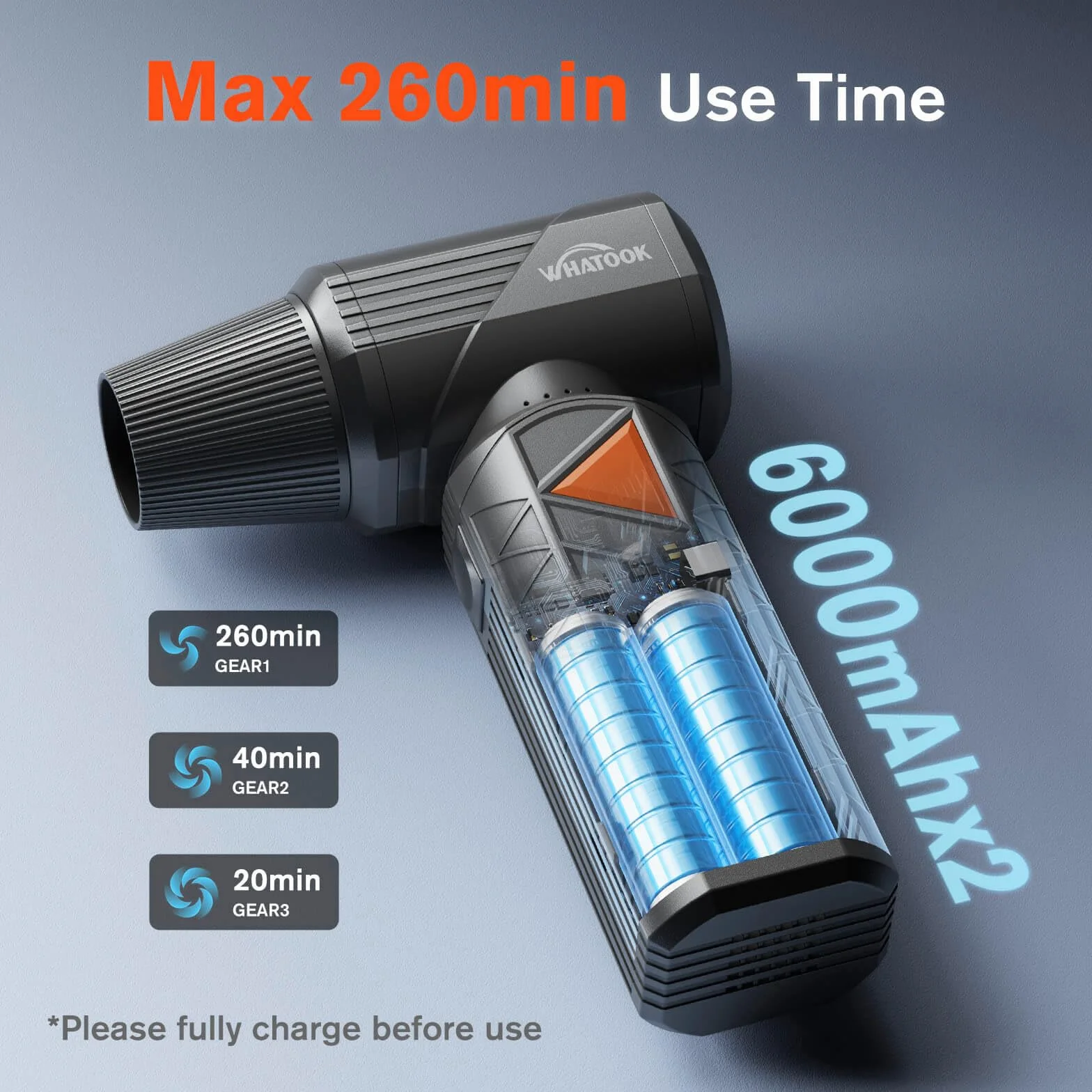 WHATOOK W02 Pro Soplador de Aire Eléctrico con 400.000 RPM, 100 Velocidades Ajustables, Bateria 12000mAh, Aire Comprimido Limpieza PC, Potencia para Limpieza de Auto,Electrónica y Outdoor