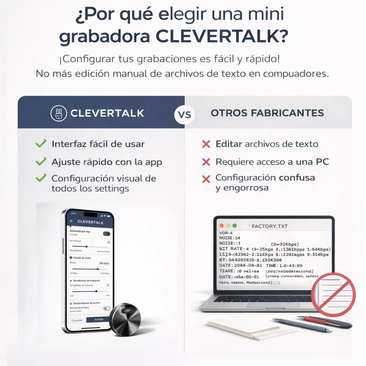 CleverTalk Q37 Grabadora de Voz con IA | Activada por Voz | App Móvil, Mac, Windows y Web | Cloud Europea GDPR | 64GB | Audio HD 1536kbps | USB-C