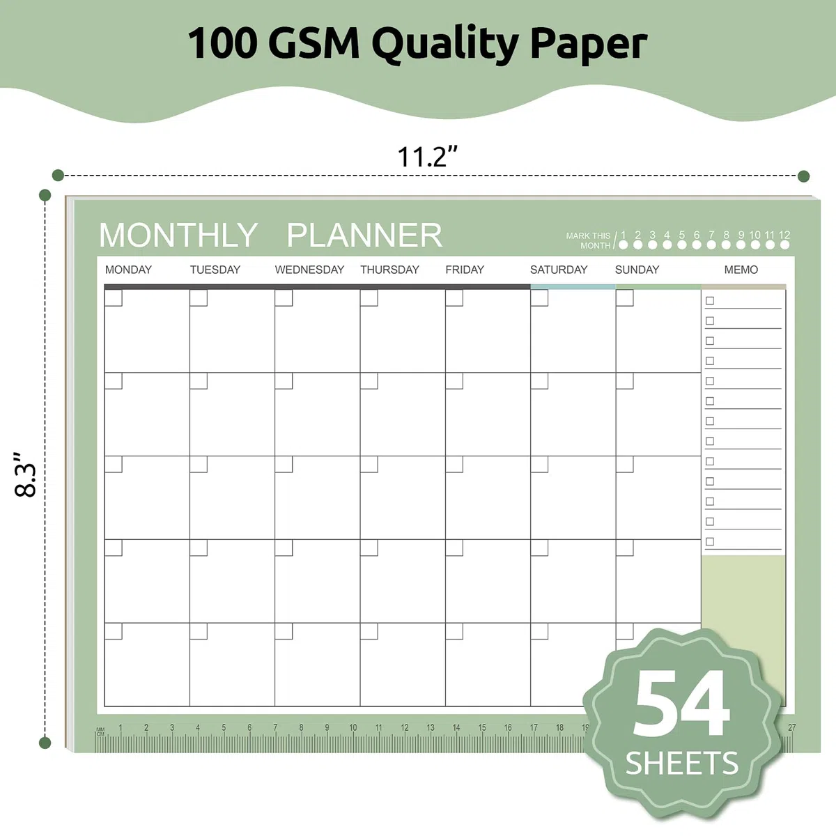 Phyxin Agenda sin fecha, calendario en blanco de 54 hojas, calendario mensual de 11.2 x 8.3 pulgadas, planificador mensual sin fecha con notas para mujeres, estudiantes, profesores, verde morandi