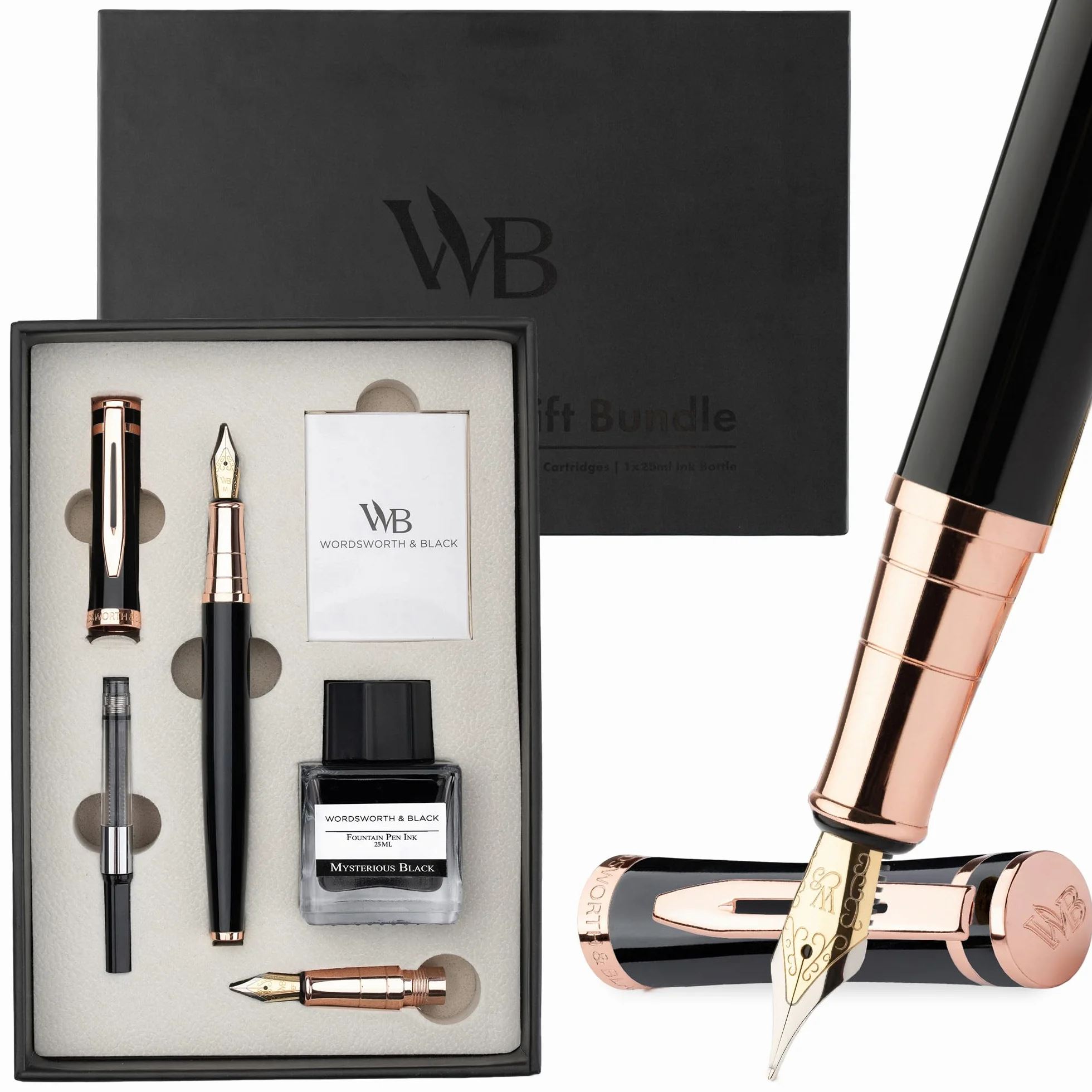 Wordsworth & Black Juego de pluma estilográfica, plumines medio y extrafino chapados en oro de 18K,botella negra de 25ML,6 cartuchos de tinta,convertidor de recarga,escritura suave [Negro y Oro Rosa]