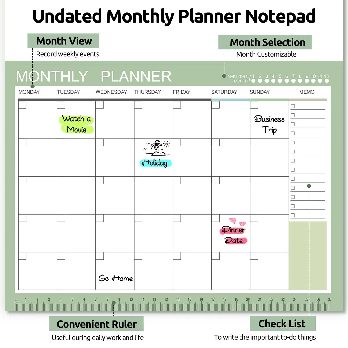 Phyxin Agenda sin fecha, calendario en blanco de 54 hojas, calendario mensual de 11.2 x 8.3 pulgadas, planificador mensual sin fecha con notas para mujeres, estudiantes, profesores, verde morandi