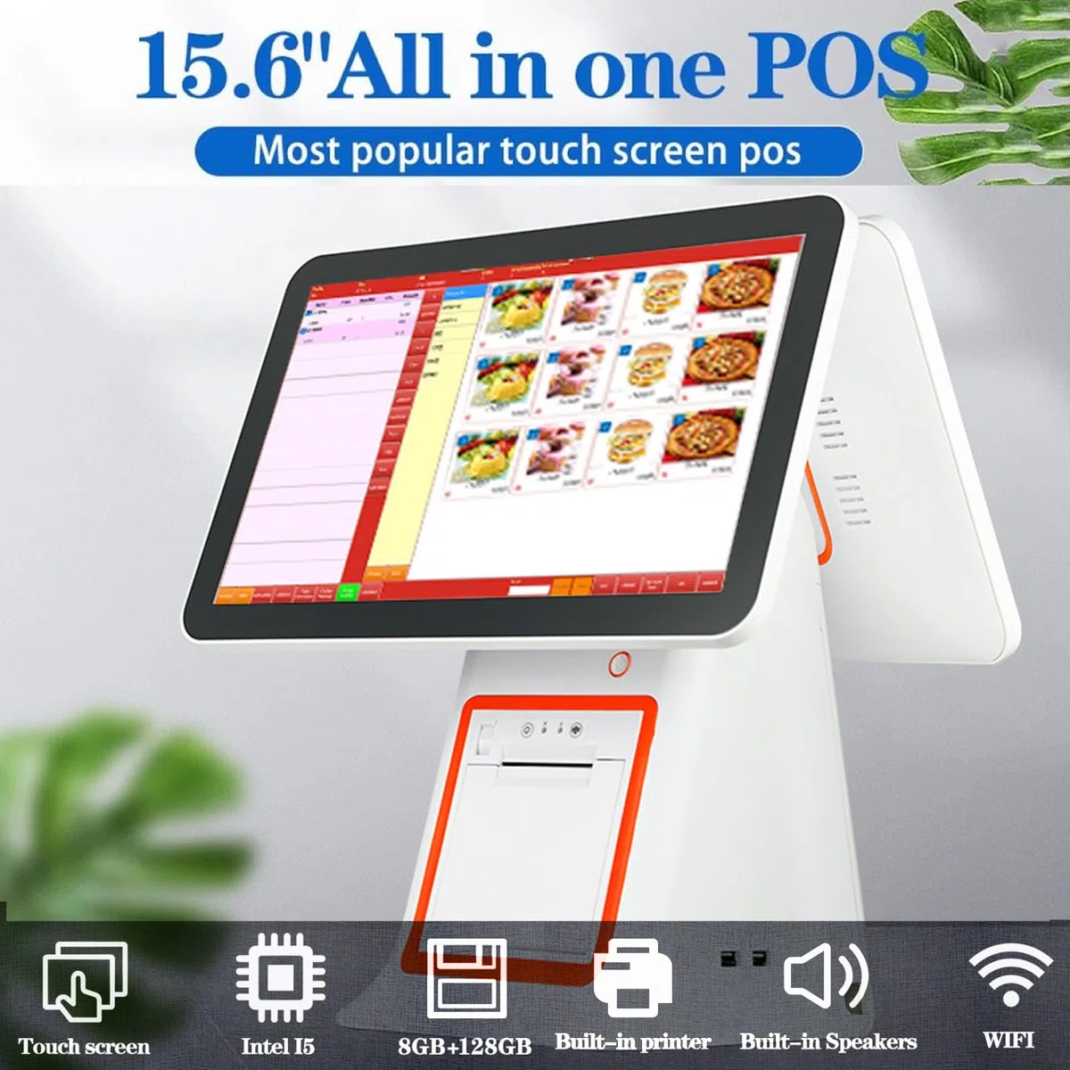 Caja registradora táctil de doble pantalla, sistema TPV táctil de 15,6 pulgadas para pequeñas empresas, módulo WiFi para caja registradora todo en uno(White)