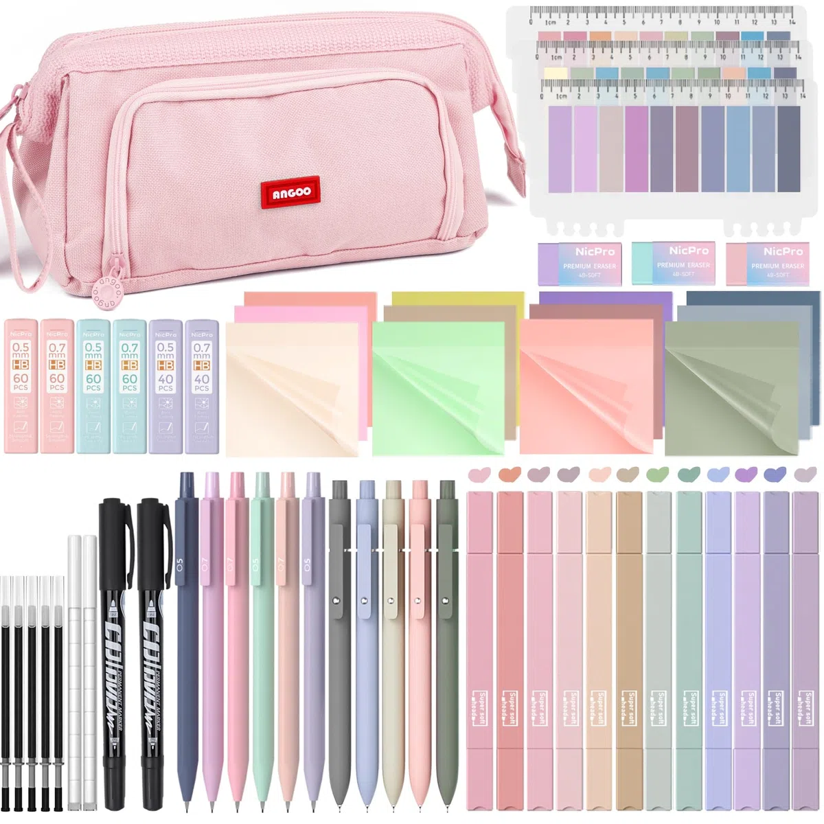Nicpro Kit de anotación de libro estético de 84 piezas con estuche para bolígrafo, 12 subrayadores duales, 5 bolígrafos de gel, 6 lápices mecánicos, 2 marcadores, 1200 notas adhesivas transparentes y