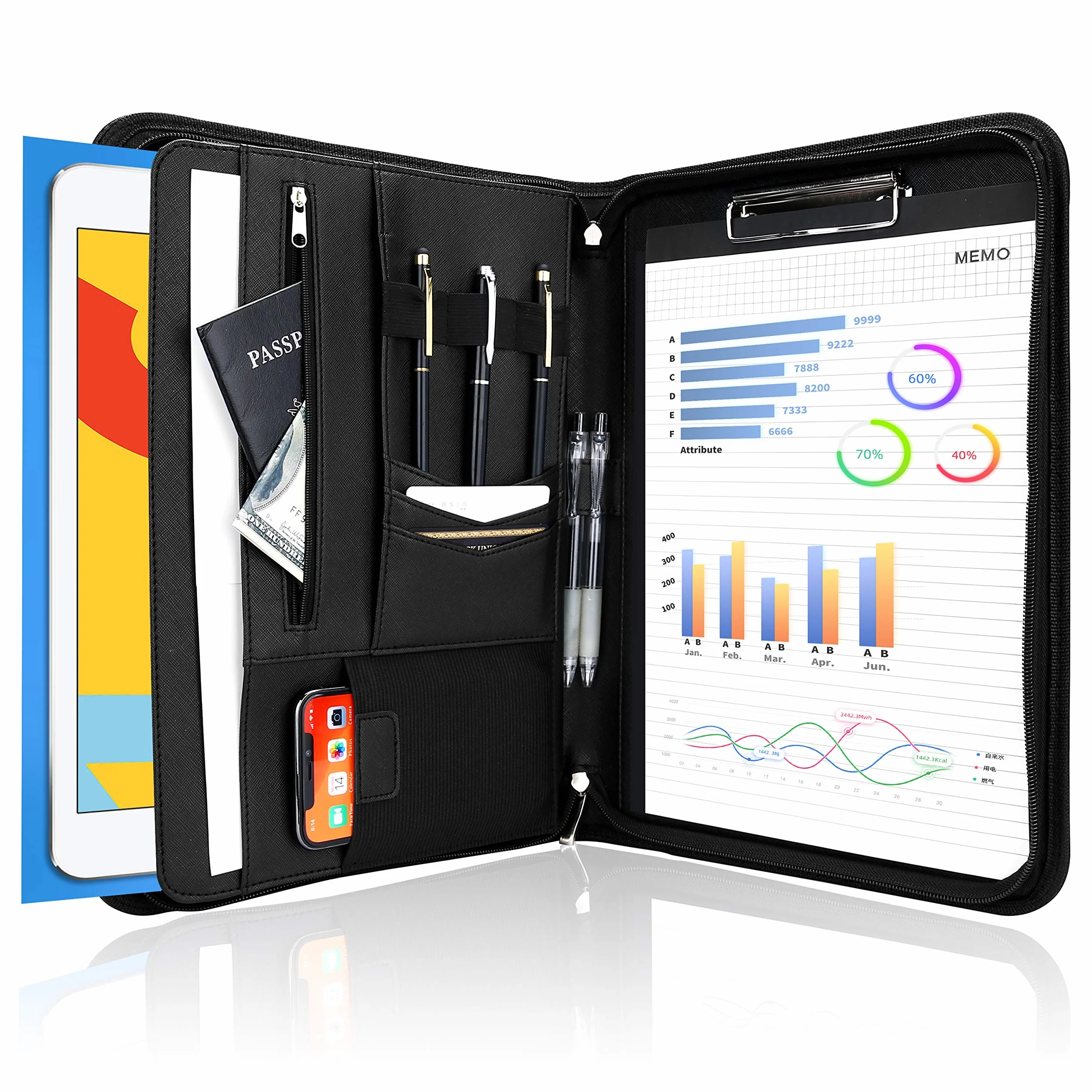 ProCase Portafolio Grande con Cremallera, Portacuaderno Profesional Organiza Documento/Tarjetas/Plumas, Bolsillo de Tableta y Móvil Carpeta de Cuaderno de Notas - Negro