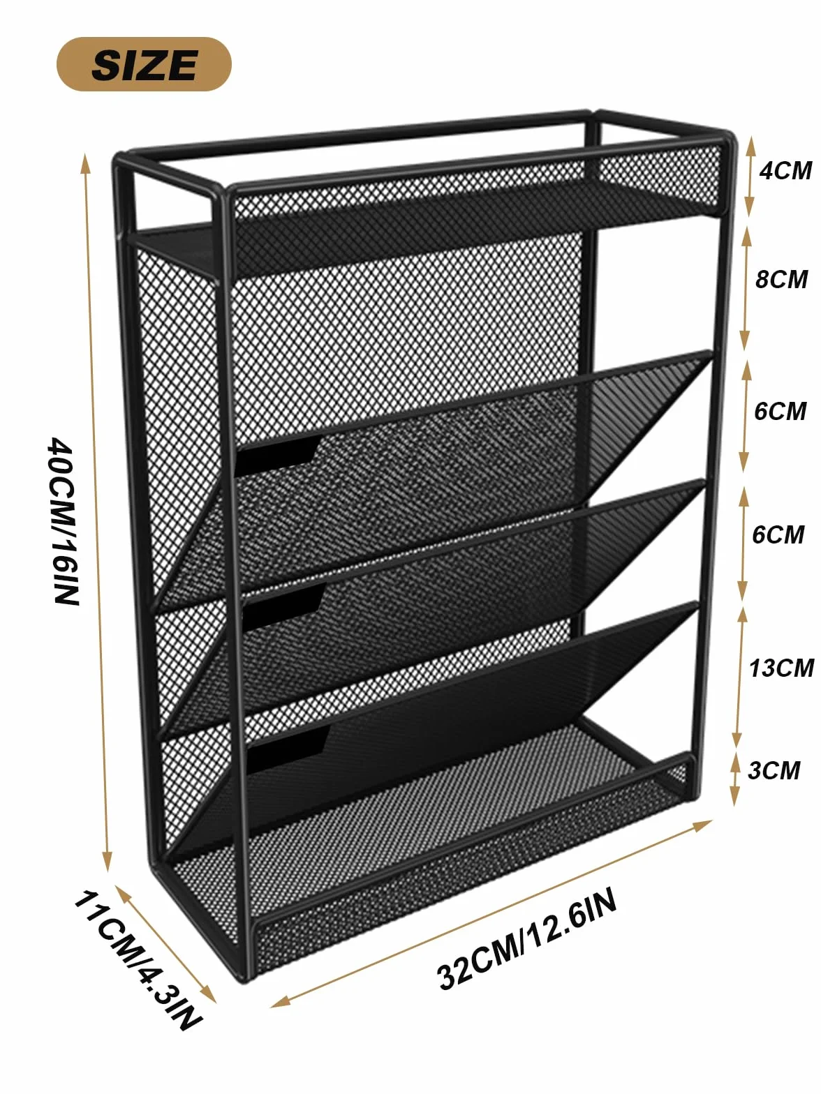 Organizador de archivos de pared de malla de 5 niveles, organizador colgante vertical de 3 bolsillos con bandeja superior/inferior | 2 ganchos | Montaje en pared y colgante de puerta para oficina y
