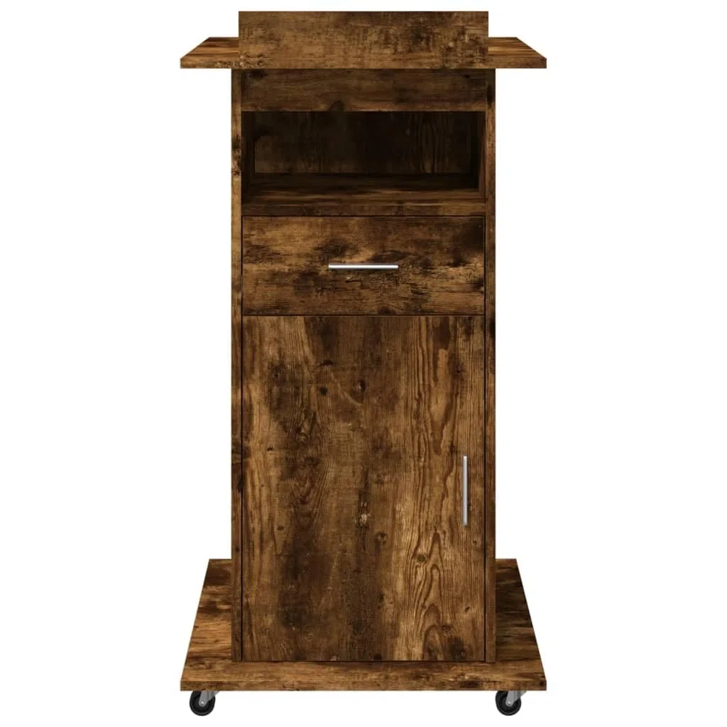 Atril con ruedas y cajón, madera de roble ahumado, 55 x 55 x 107 cm, placa superior inclinable, 2 compartimentos, ruedas con bloqueo, para oficina, estudio, presentaciones