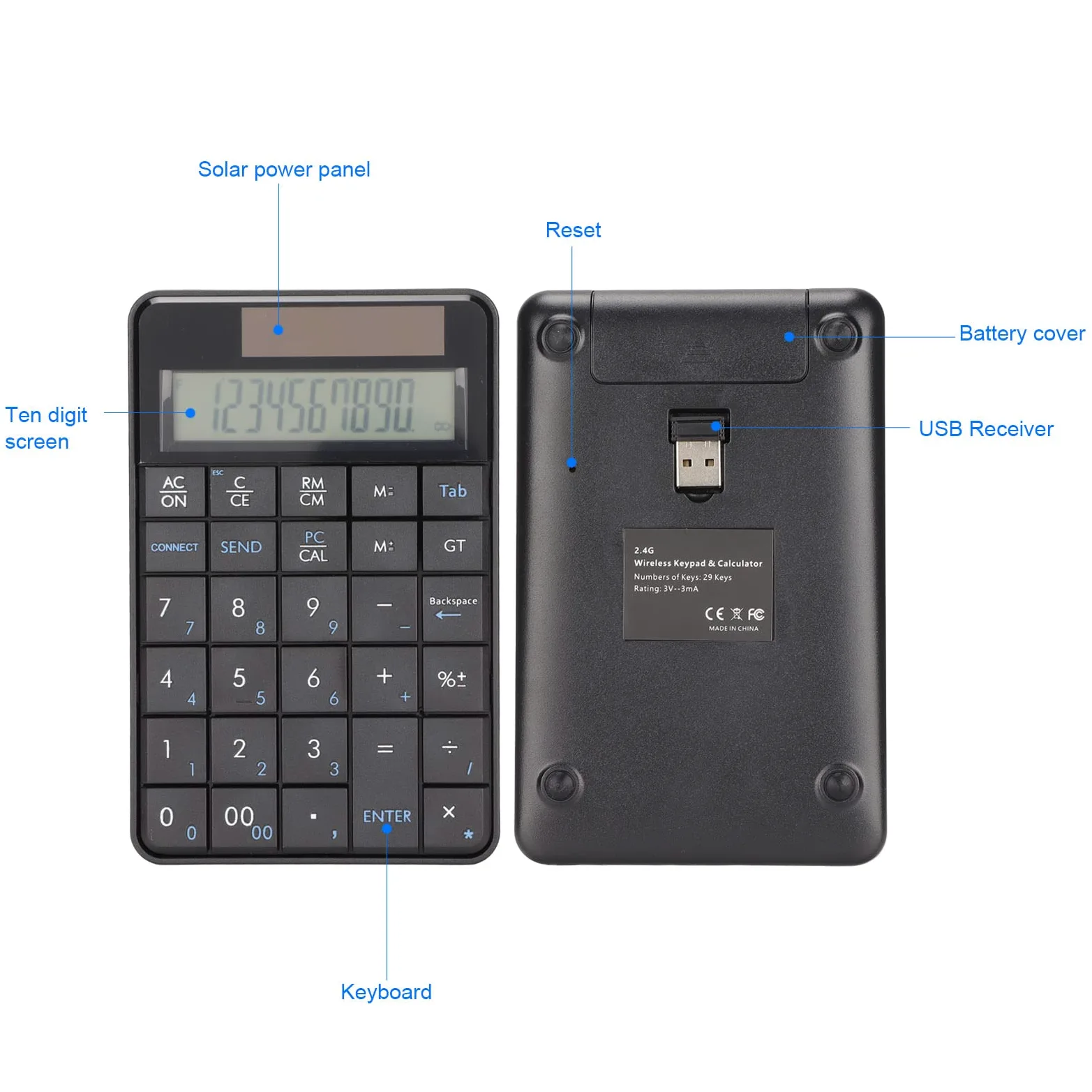 VBESTLIFE Calculadora Numpad, 29 Teclas 2 en 1 2.4GHz Calculadora USB Inalámbrica Teclado Numérico con Panel Solar, para Laptops, Bancos, Escuelas, Contabilidad Financiera