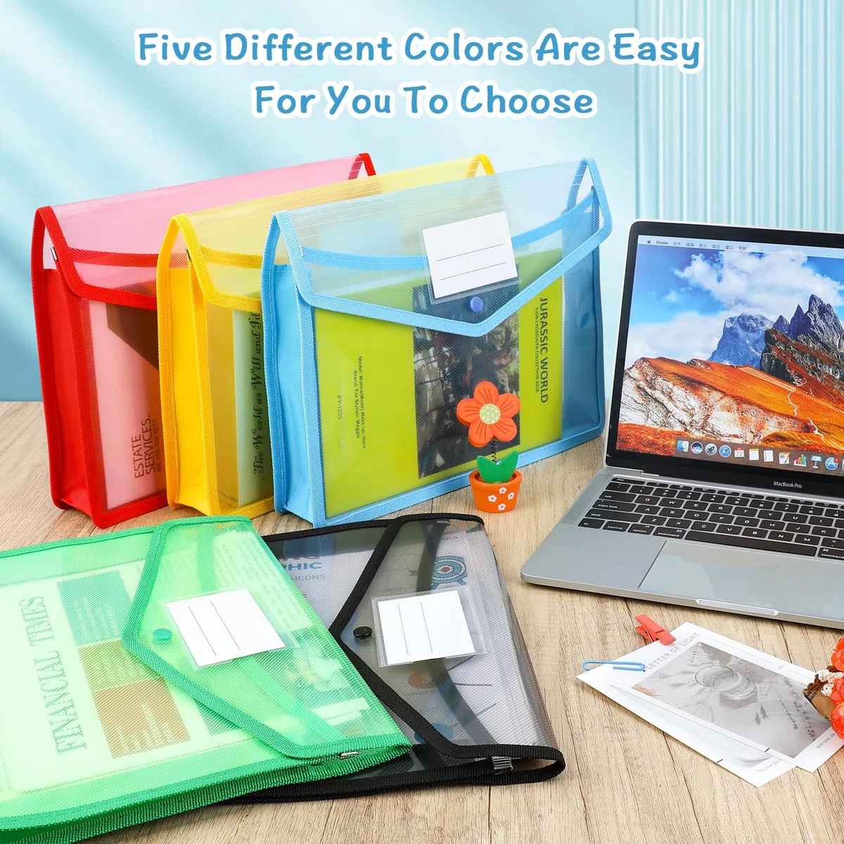 Cartera de plástico, A4, carpeta de documentos de plástico con sobres y soporte para tarjetas de visita (Pack de 5)