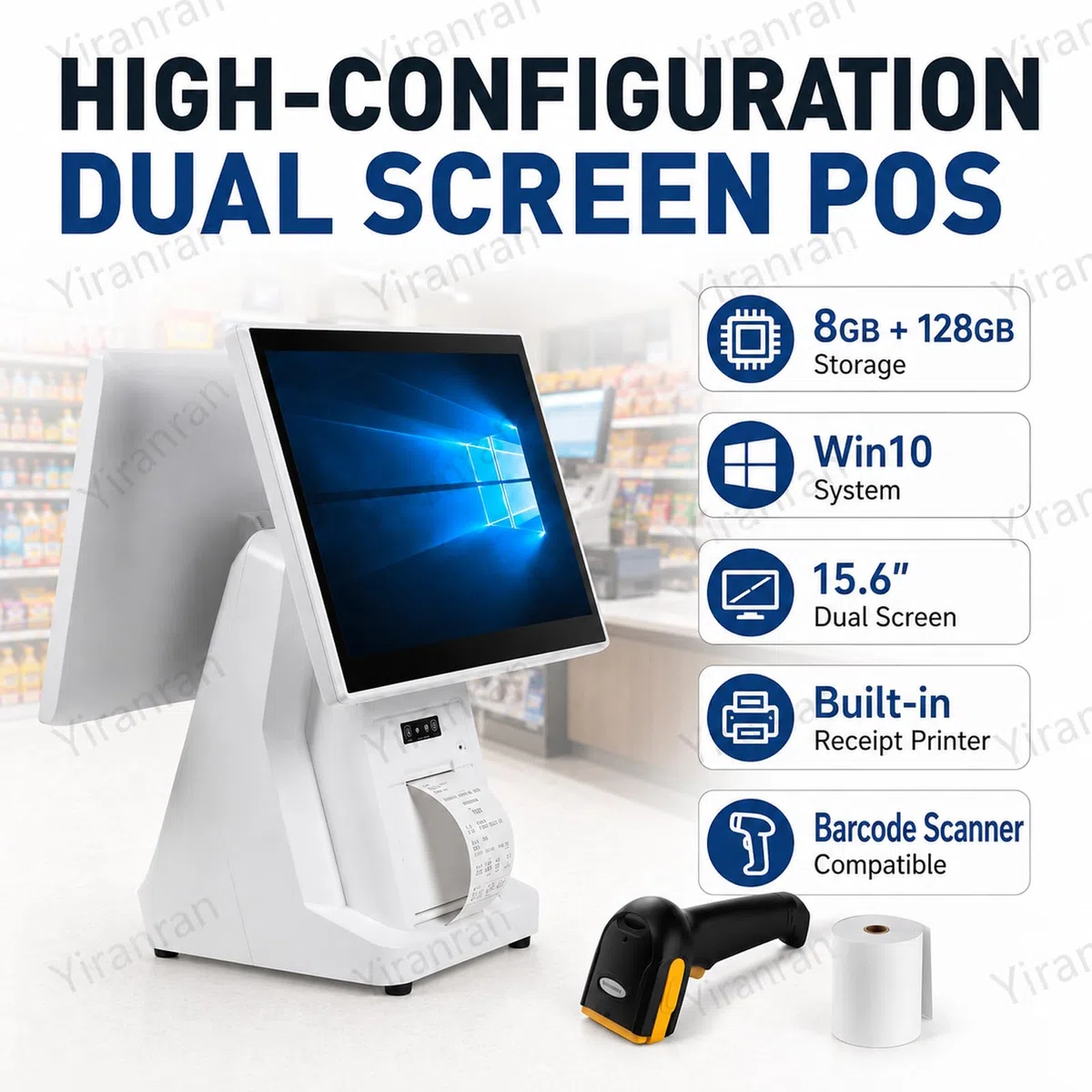 Caja registradora TPV todo en uno para pequeñas empresas, terminal TPV Windows con pantalla táctil dual de 15,6" e impresora de recibos integrada, 8 GB de RAM y 128 GB de almacenamiento, sistema de