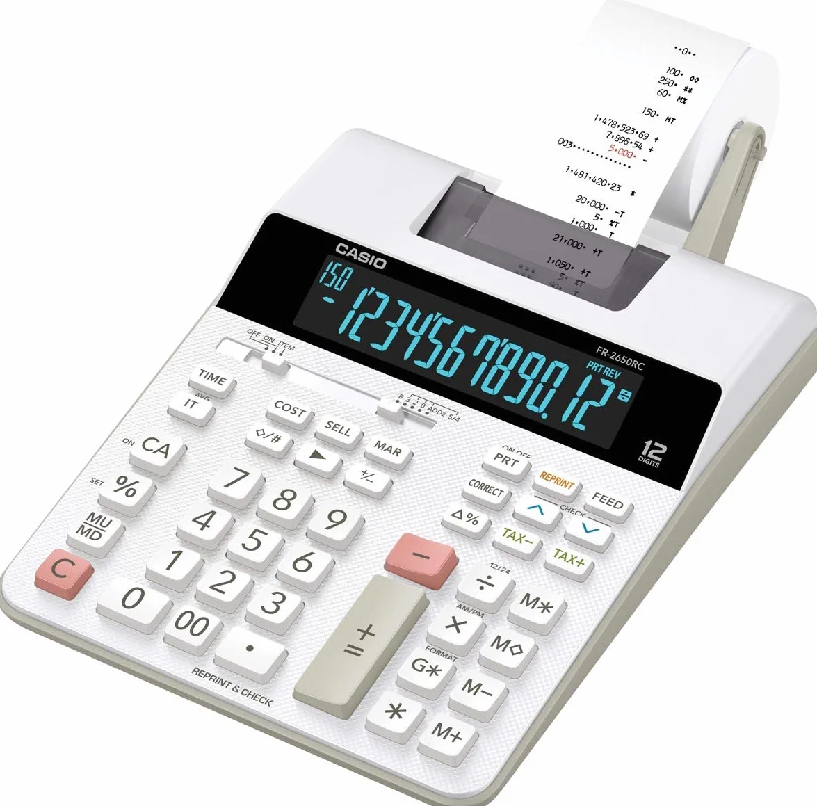 Casio FR-2650RC - Calculadora impresora, 12 dígitos, 6.5 x 19.5 x 31.3 cm, color blanco