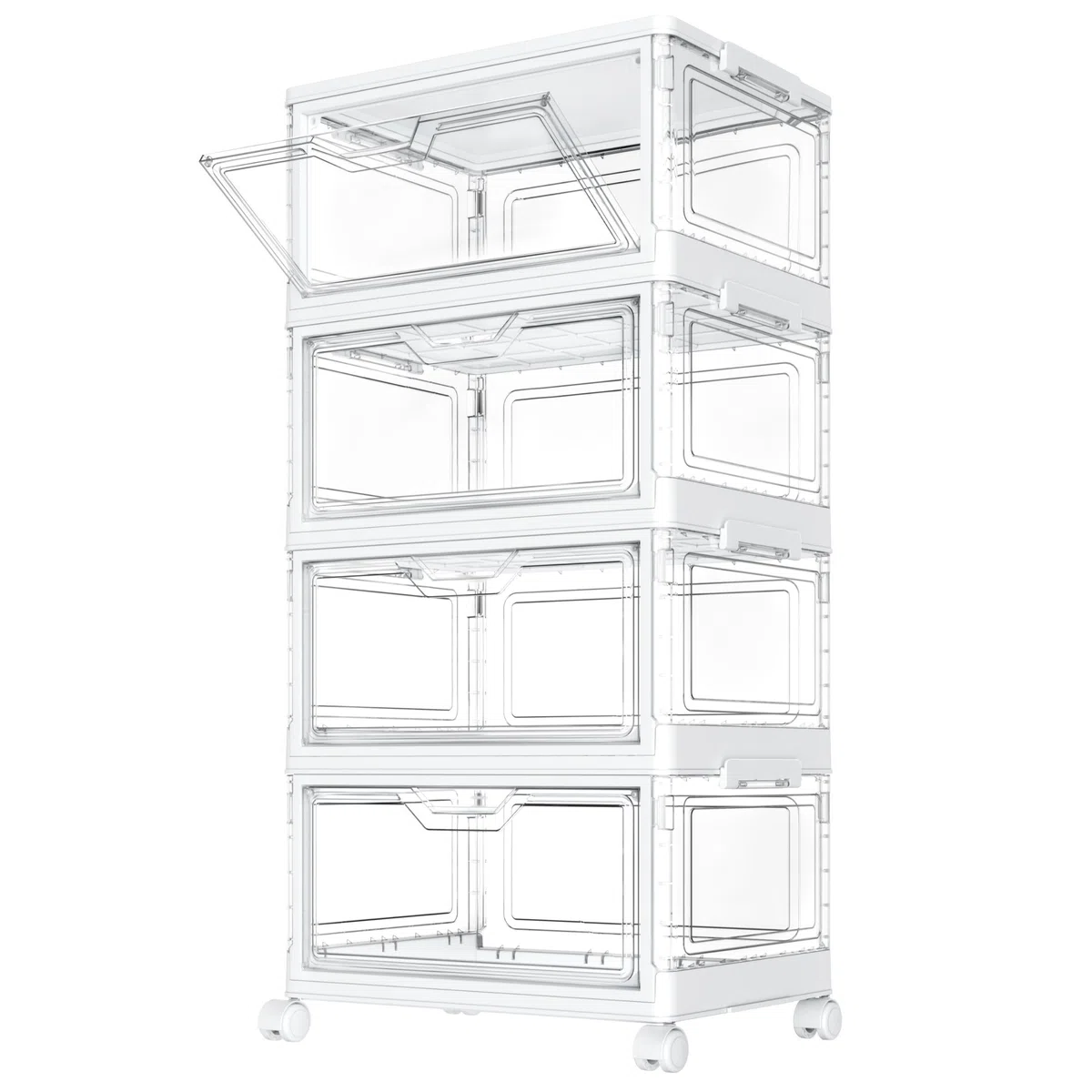 Cajas de almacenamiento con tapa – Cajas apilables de plástico de 4 niveles, 23 L, transparentes, grandes contenedores organizadores para dormitorio, salón, baño, 4 capas y 1 tapa