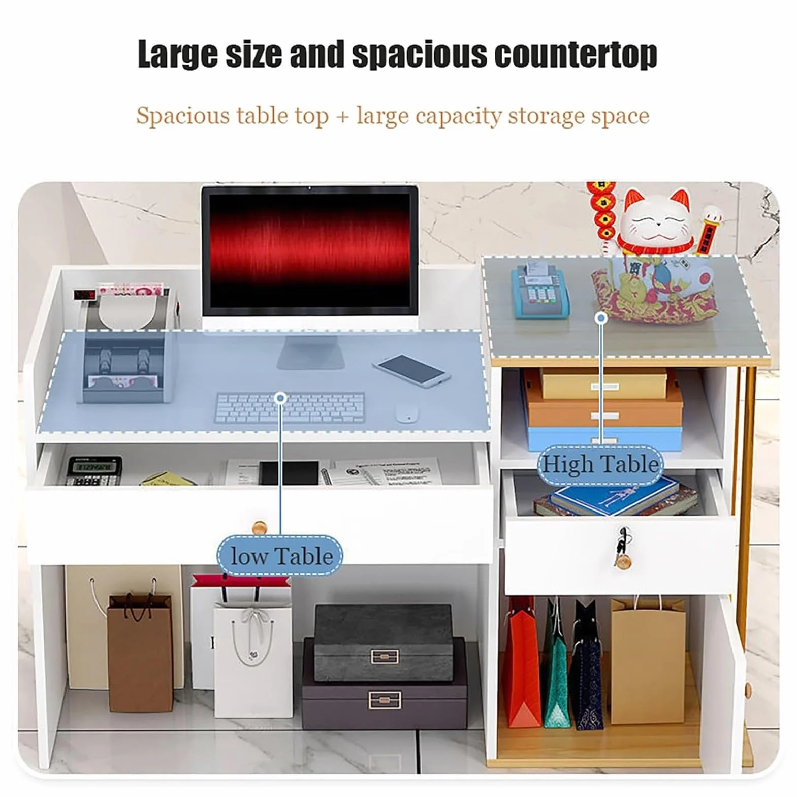 Mostrador de Recepción Moderno para Supermercado, 140 cm, Mostrador de Caja Simple