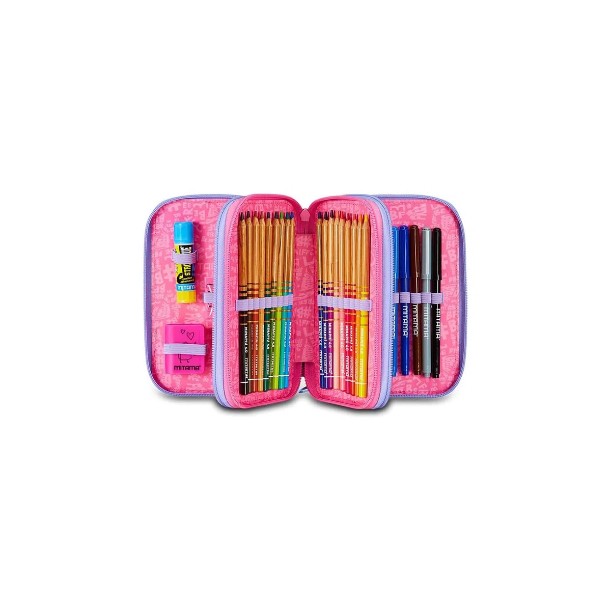 Mitama Estuche Escolar con 3 Compartimentos, Triple Tie Music, Contenido 47 Piezas, Completo de lápices, rotuladores, portalápices Escuela Primaria niña, 064522-000, Rosa, Talla única, Estuche con 3