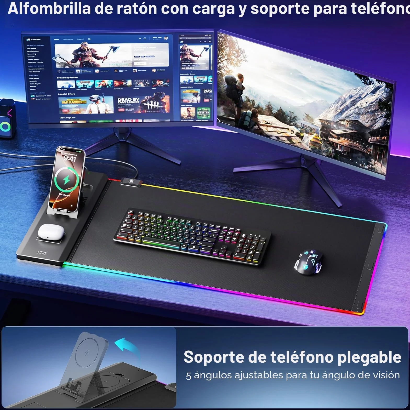 KDD LED Alfombrilla Ratón Gaming con 15W Carga Inalámbrica, Tapete Escritorio con Soporte Móvil Plegable, Mouse Pad XXL Antideslizante para Juegos Accesorios Gaming PC Auriculares Reloj (70x33cm)