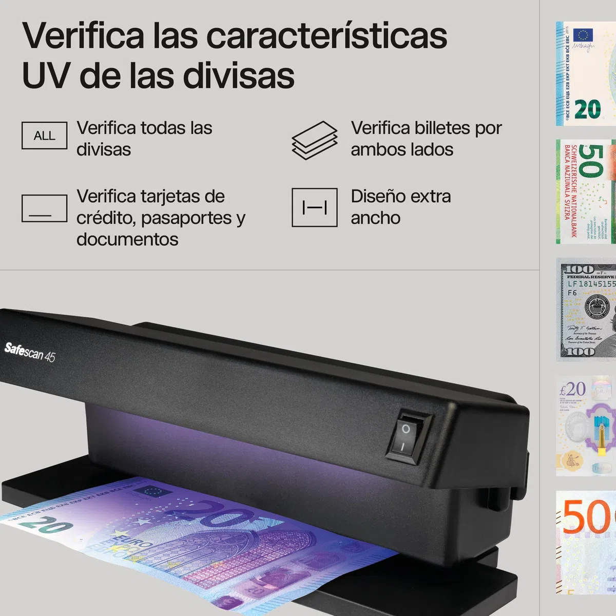 Safescan UV 45 Detector de billetes falsos, verifica billetes, tarjetas de crédito y documentos - Detector UV para nuevos billetes - Detector billetes falsos con luz UV - Detector con luz UV
