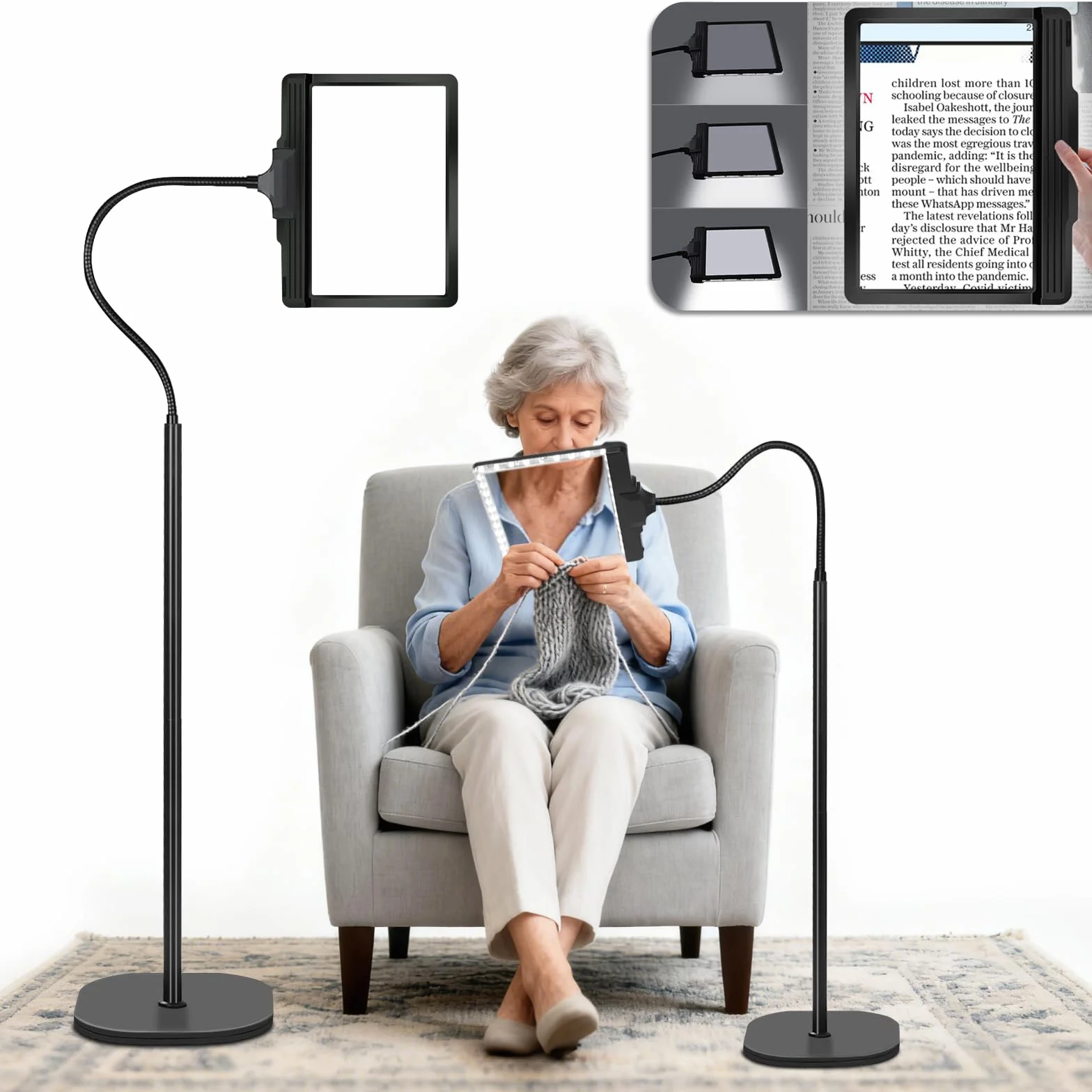 NZQXJXZ 5X Lupa con Luz y Soporte, 3 en 1 Recargable Lampara Lupa con 43 Leds de Brillo Ajustable, Lupa de Cuello de Cisne Flexible para Hobby, Manualidades, Lectura, Bricolaje y Trabajos de Cerca