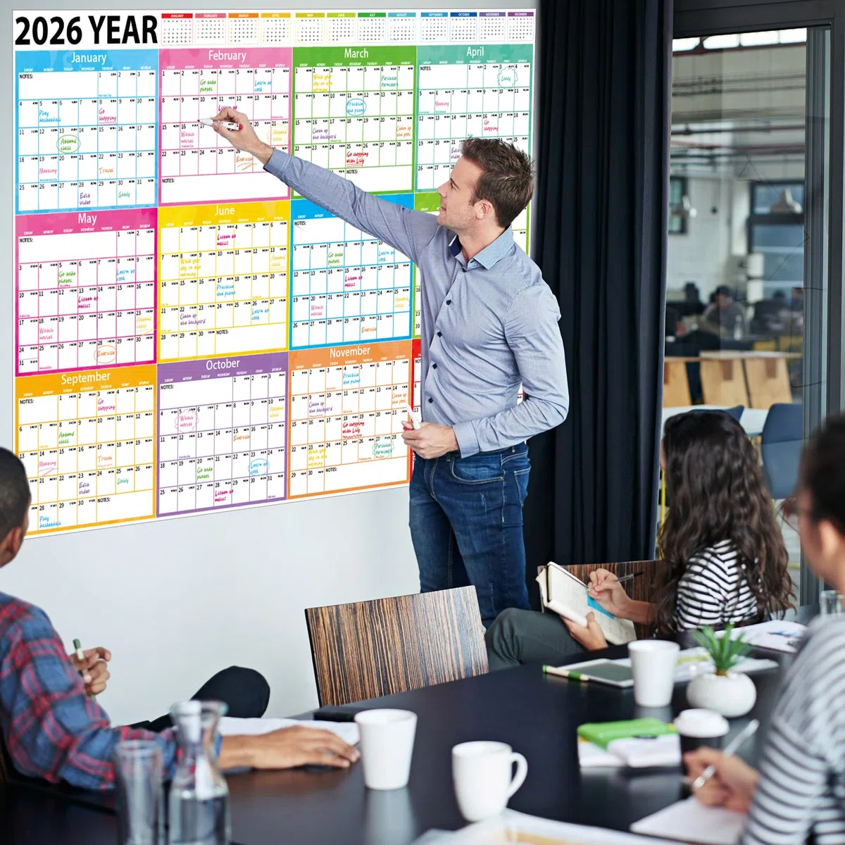 Calendario anual de pared 2026-2027 de 48 x 32 pulgadas, planificador anual de pared grande laminado borrable, borrado en húmedo y seco, calendario anual de 24 meses para oficina, escuela