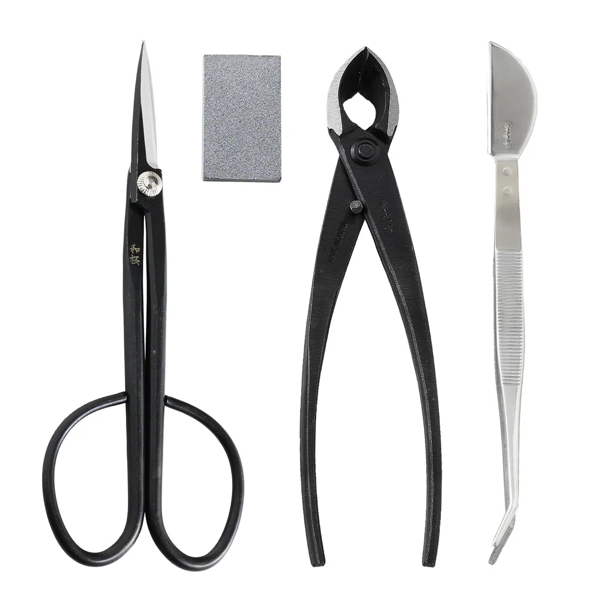 Wazakura Kit Esencial de Herramientas para Bonsái de 4 Piezas Hecho en Japón - Tijeras Twig de Acero Yasugi (210mm) + Cortador Cóncavo (200mm) + Pinzas de Acero Inoxidable + Borrador de Savia