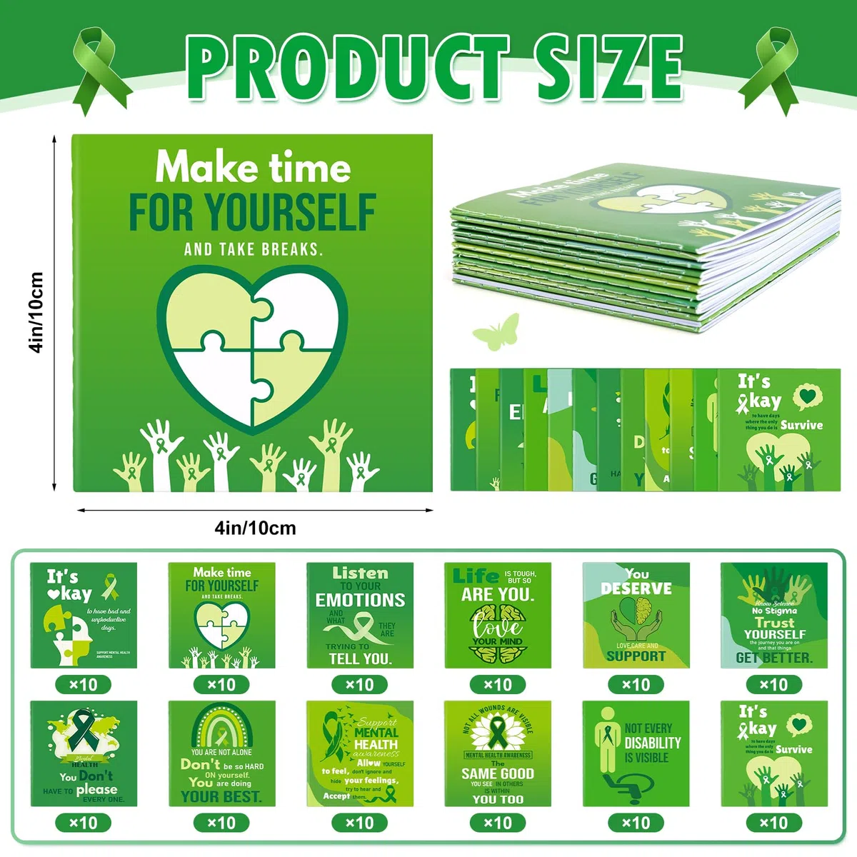 120 blocs de notas de concienciación sobre la salud mental, a granel, cinta de concienciación verde, mini bloc de notas, cuaderno de bolsillo para regalos de fiesta del mes de salud mental (4 x 4