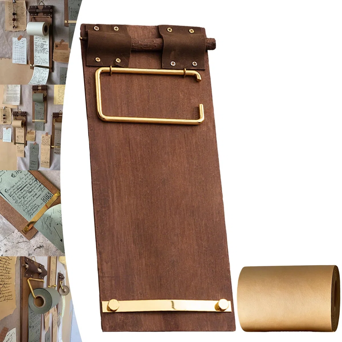 Bloc de desplazamiento vintage (rollo de papel + clips de tablero), juego de cuaderno de papel kraft montado en la pared o colocado con clip de metal, bloc de notas de papel kraft recargable para