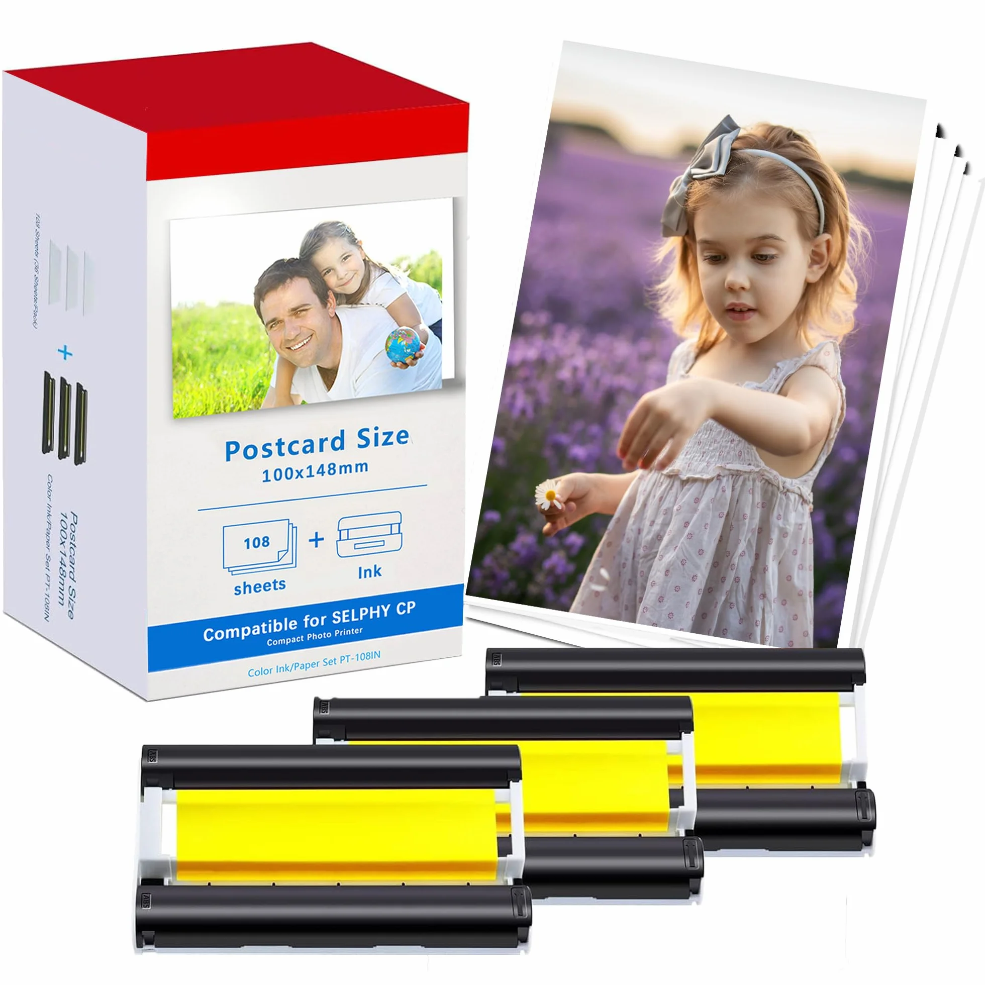 Compatible para Canon CP1500 CP1300 KP-108IN 3115B001 (AA) Papel y Tinta, Compatible con Canon Selphy CP1500 CP1300 CP1200 CP1000 CP910 CP820, 3 Cartuchos y 108 Hojas Papel fotográfico (100x148mm)