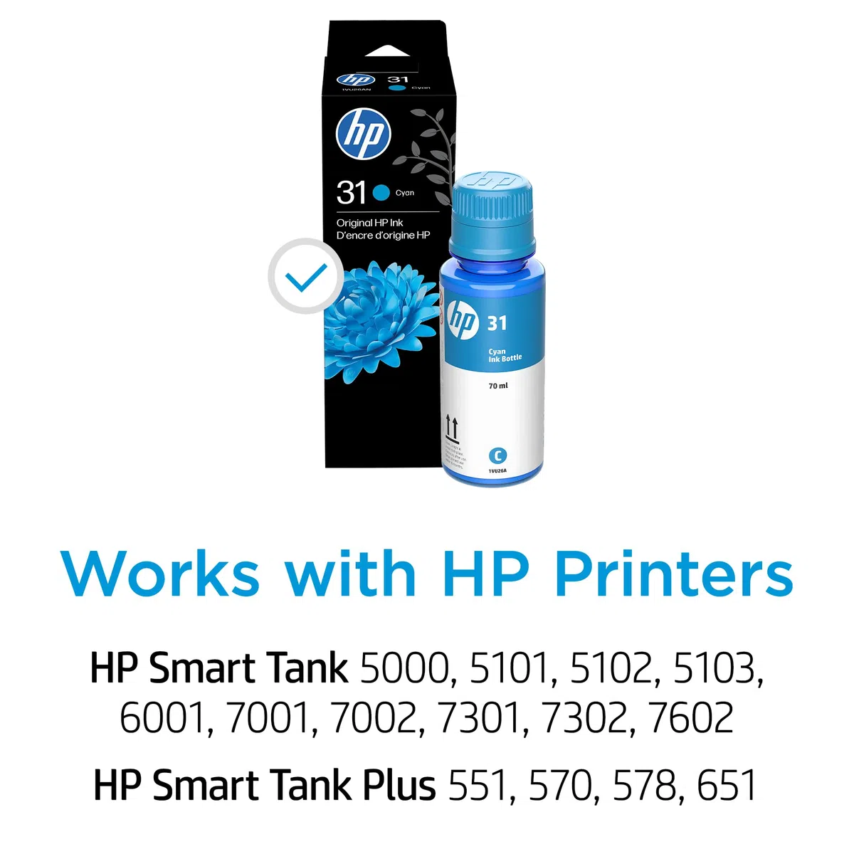 HP 31 botellas de tinta cian, 70 ml (1VU26AN)
