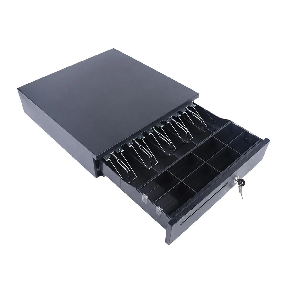Cajón de efectivo profesional, color negro, apertura manual, compartimento para billetes, con 5 compartimentos para billetes, 8 compartimentos para monedas, 41 x 41 cm