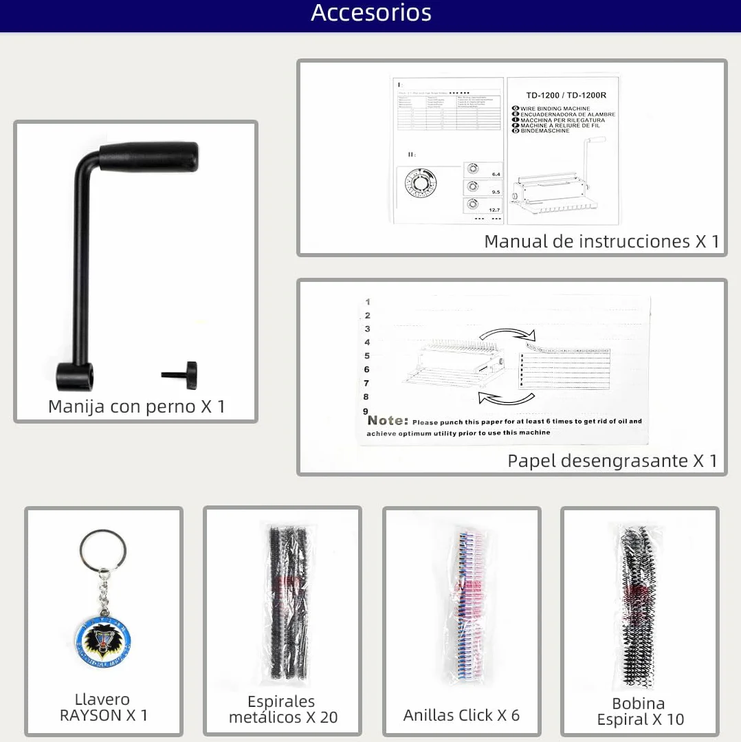 RAYSON Encuadernadora Espiral Wire-o de Paso 3:1, Perfora 12 Hojas, Encuaderna Hasta 120 Hojas, 34 Agujeros Cuadrados, TD-1200