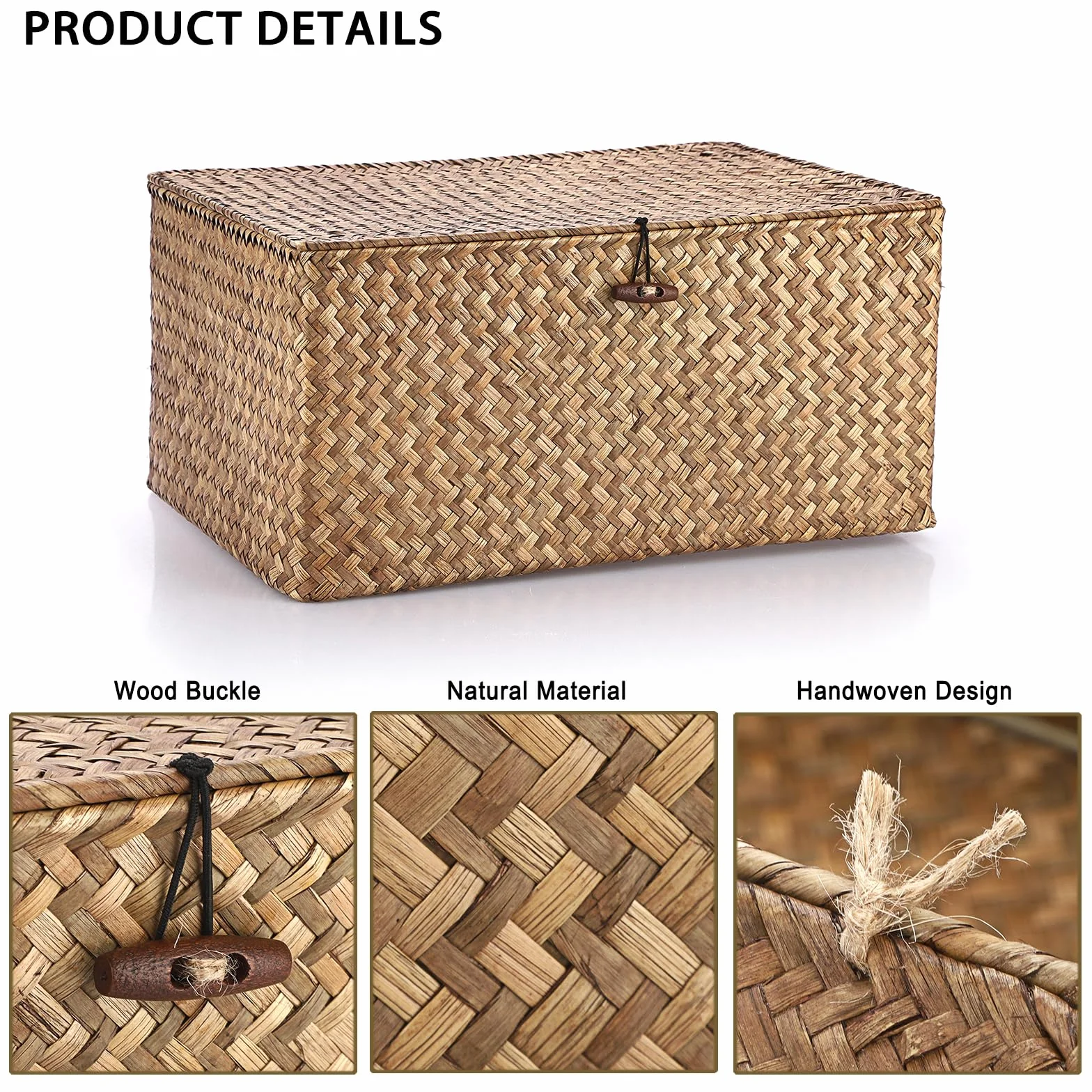 IGNPION - Cesta de almacenamiento de mimbre con tapa, cesta de escritorio de mimbre trenzado, rectangular, organizador de baño, caja decorativa para debajo de los estantes de la sala de estar, cesta