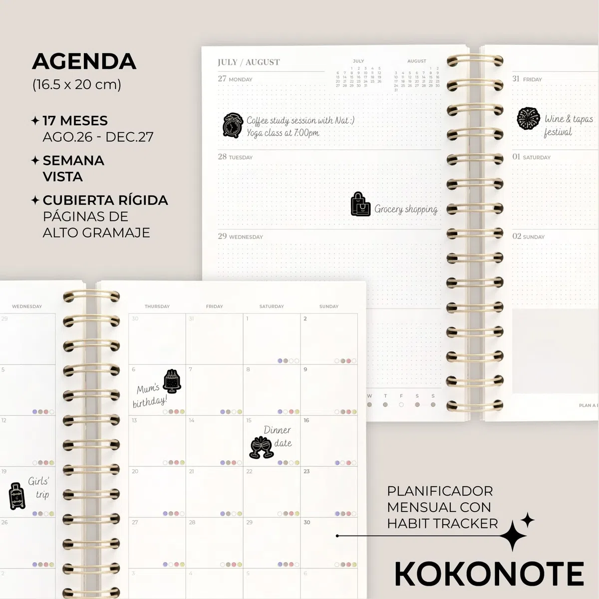 Kokonote Agenda 2026 2027 Semana Vista Monet - Agenda Escolar Universitaria u Oposiciones |Págs. Alto Gramaje |Con Anillas, Ilustraciones Arte, Pegatinas, Planificador Mensual, de Gastos [De 17 MESES]