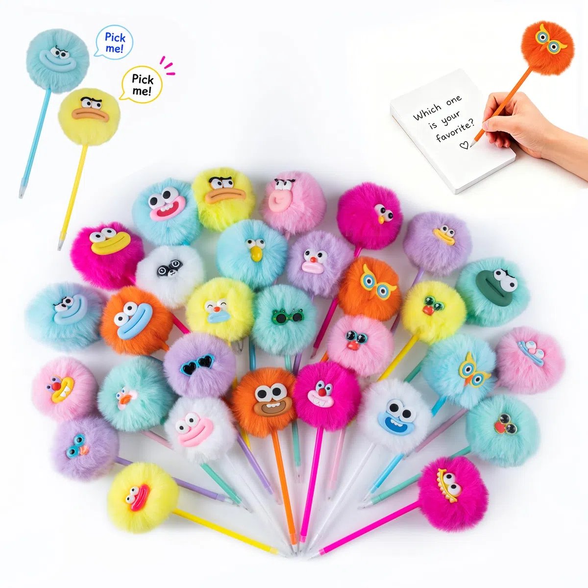 OMyFav 30 bolígrafos esponjosos con pompones lindos y divertidos bolígrafos kawaii para niños, animales de peluche coloridos para premios de aula, suministros de oficina
