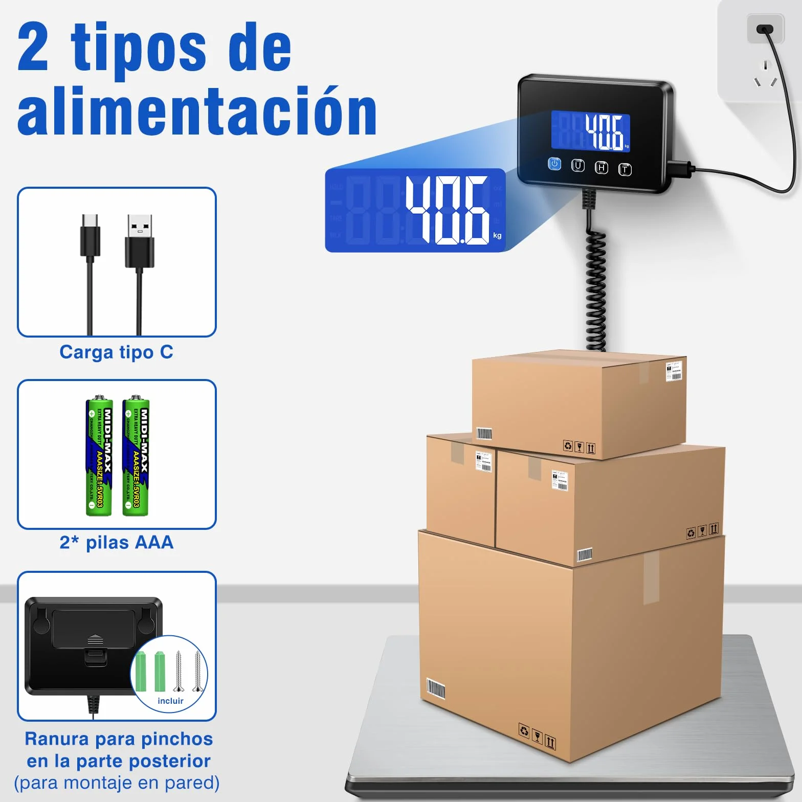 Báscula Digital 300kg Alta Precisión 20g, Báscula Industrial y Comercial con Pantalla LCD, Función Tara y Hold, Alimentación USB Recargable y Pilas, para Envíos, Paquetería y Uso Doméstico