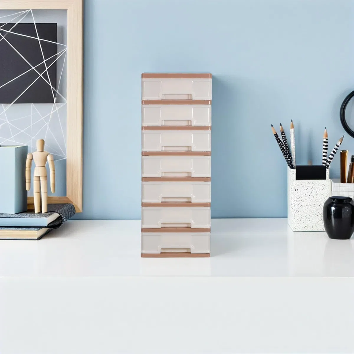 Organizador de Escritorio de Plástico 7 Cajones Marrón | Diseño Multicapa de Almacenamiento, Estructura Resistente, Uso Versátil, Adecuado para Apartamentos Pequeños y Dormitorios