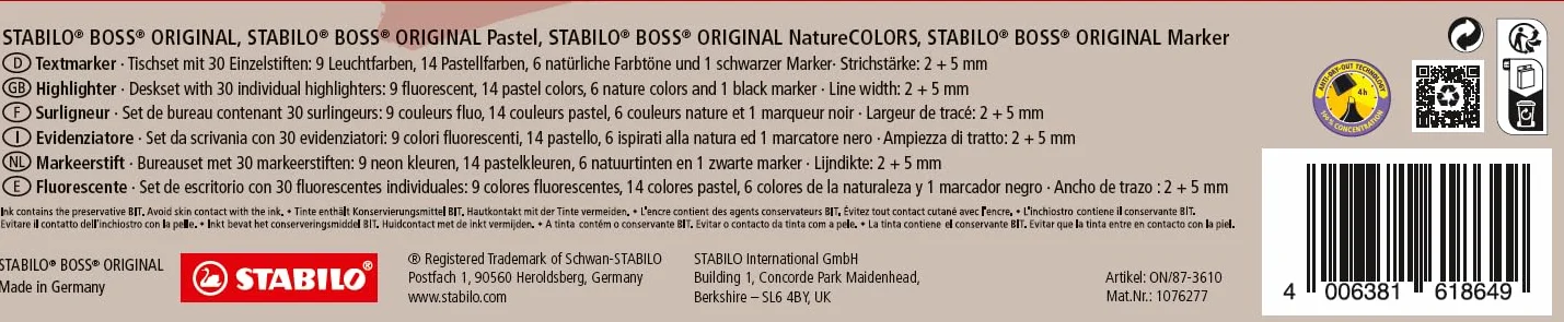 STABILO - Marcador - BOSS ORIGINAL - Set de 30 marcadores, 9 fluorescentes, 14 pastel, 6 en tonos naturales y 1 negro