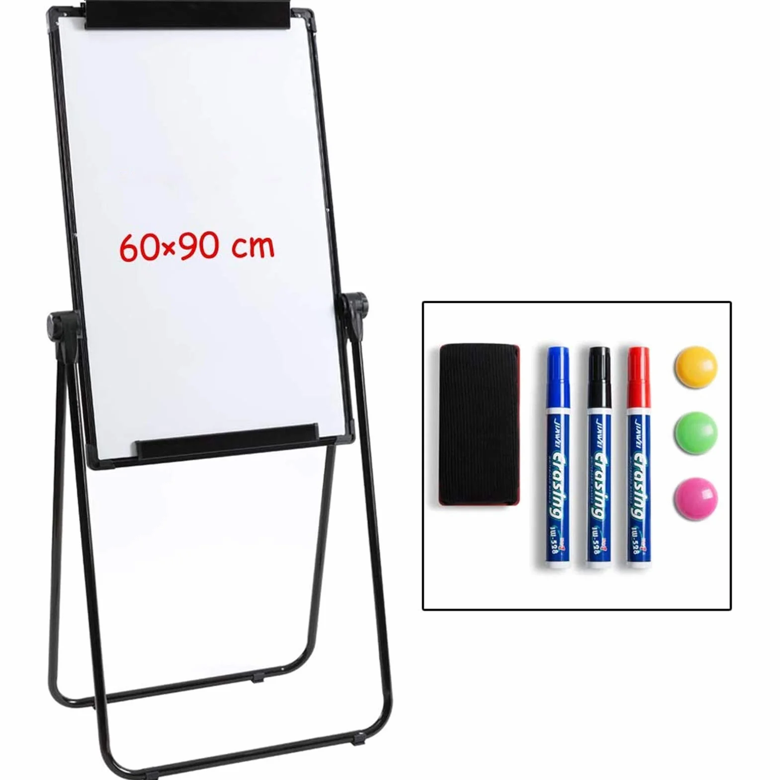 DOEWORKS Pizarra Blanca Caballete 90 x 60cm con U-Soporte, Pizarra Magnética de Doble Cara, Altura Ajustable & Plegable para Hogar Escuela Oficina, Negro