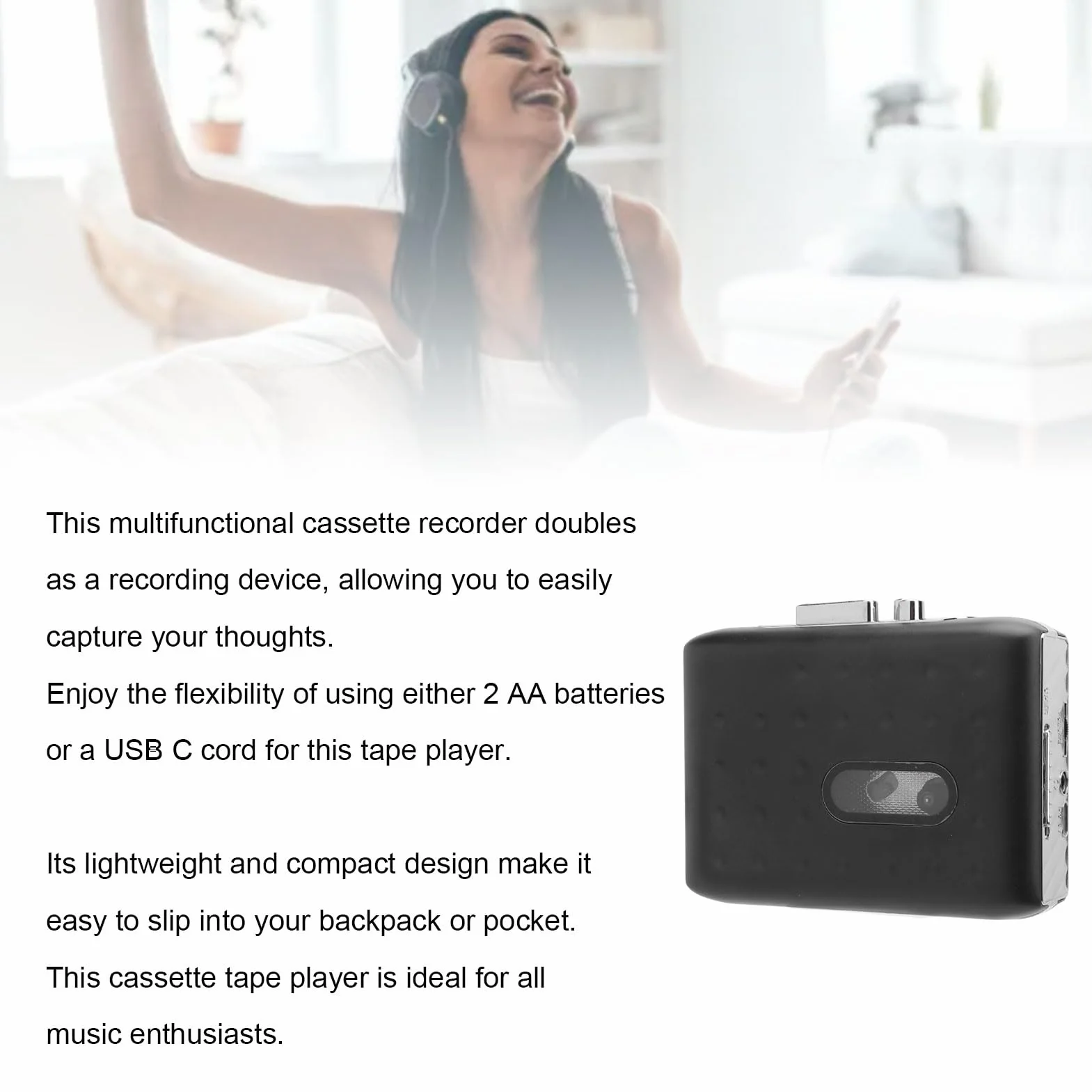 Przenośny odtwarzacz kaset USB-C konwerter MP3 z mikrofonem i słuchawkami Jack Czarny