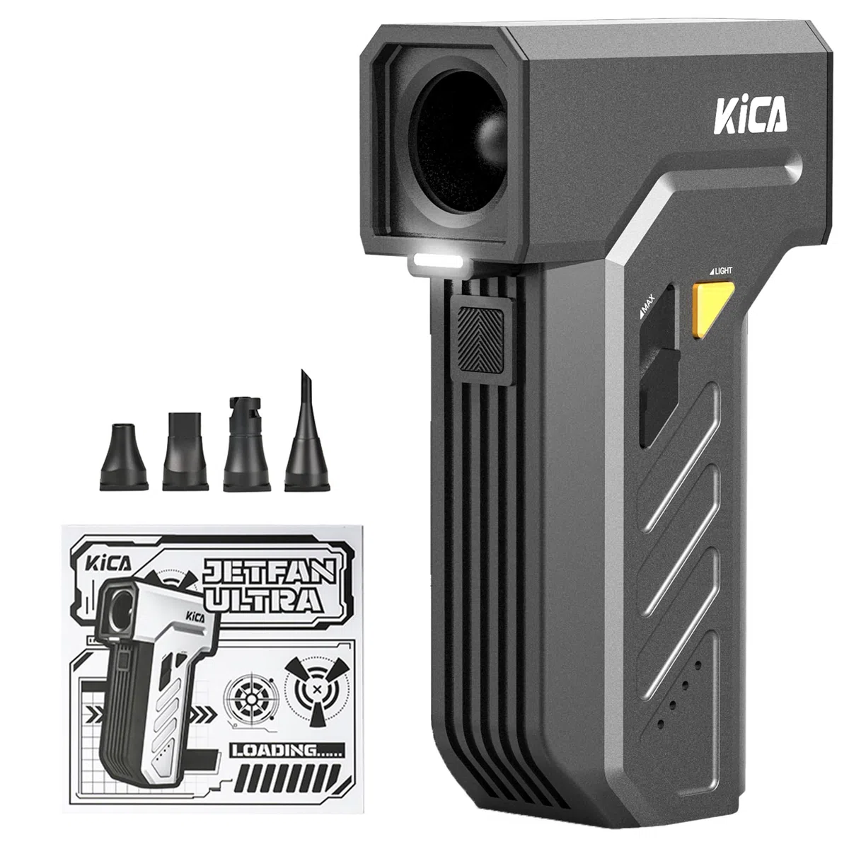 Kica JetFan Ultra Soplador Eléctrico & Alternativa a Aire Comprimido – 130.000 RPM, 48 m/s Velocidad de Viento, Recargable USB, para PC, Teclado, Auto, Sofá y Oficina con Luz LED