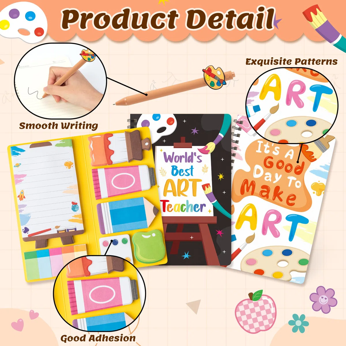 B1ykin Juego de regalo de papelería, 3 cuadernos adhesivos, cuadernos en espiral A5 y 550 hojas, bonitas notas adhesivas con bolígrafos, kit para oficina, escuela, profesores, suministros de Acción de