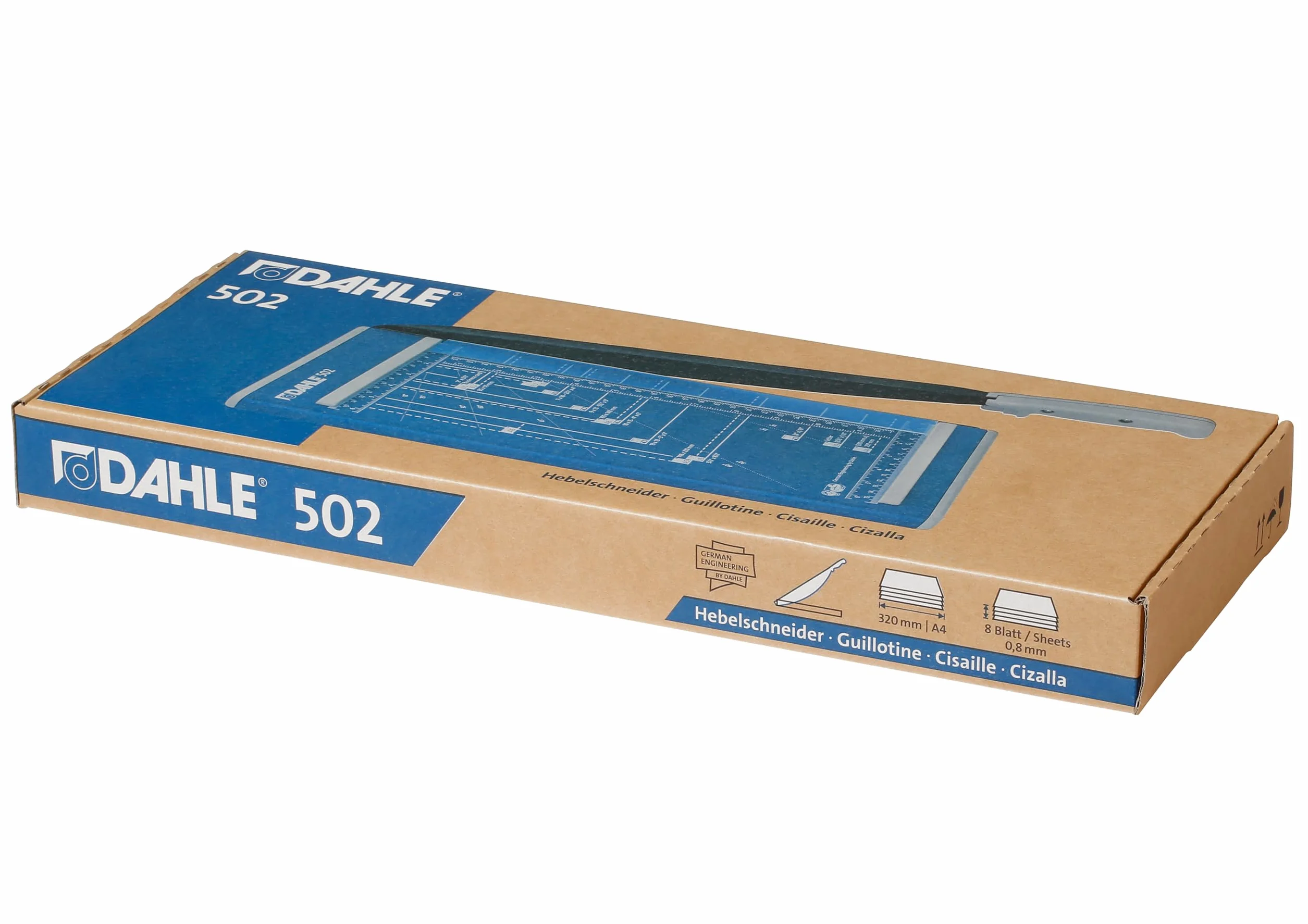 Guillotina de papel Dahle 502 (base de metal, cortador de papel 6-8 hojas, DIN A4, presión manual) azul