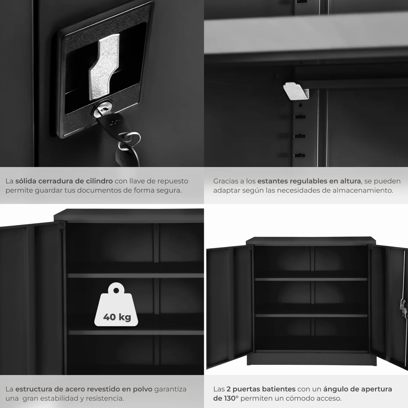 Tectake Armario Metálico con 3 Cajones Bloqueable, Estantes Ajustables, 90x90x40cm Negro