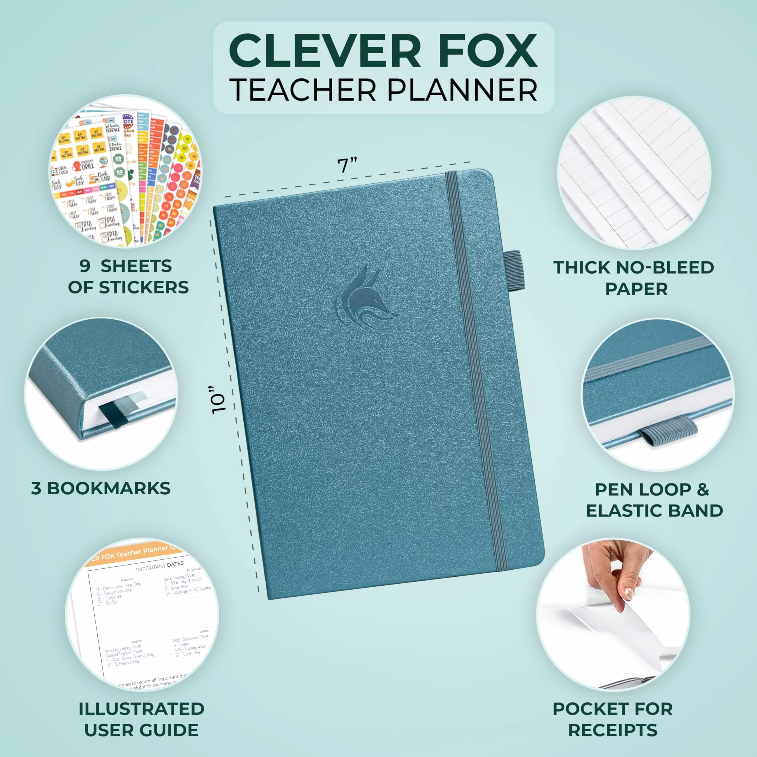 Clever Fox Planificador para profesores, planificador de año escolar con calendarios y planes de lecciones, libro de planes para profesores para organización de aula y escuela en casa, sin fecha, 7 x