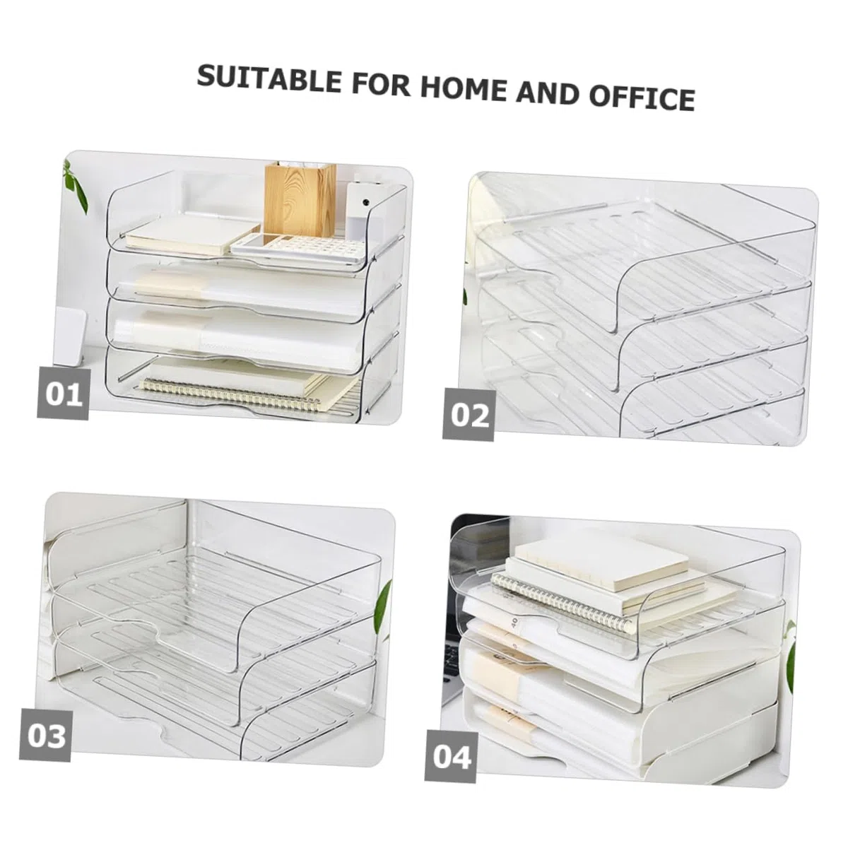 STOBOK 4piezas Organizador De Escritorio Apilable Bandejas Transparentes Para Oficina y Práctica Para Archivar y Material De Oficina