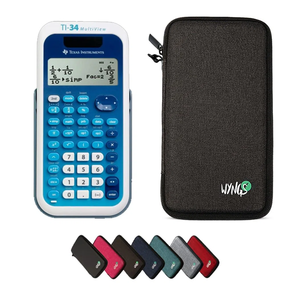 TI-34 MultiView con Funda Protectora WYNGS Gris Oscuro - Calculadora Científica - Paquete Básico