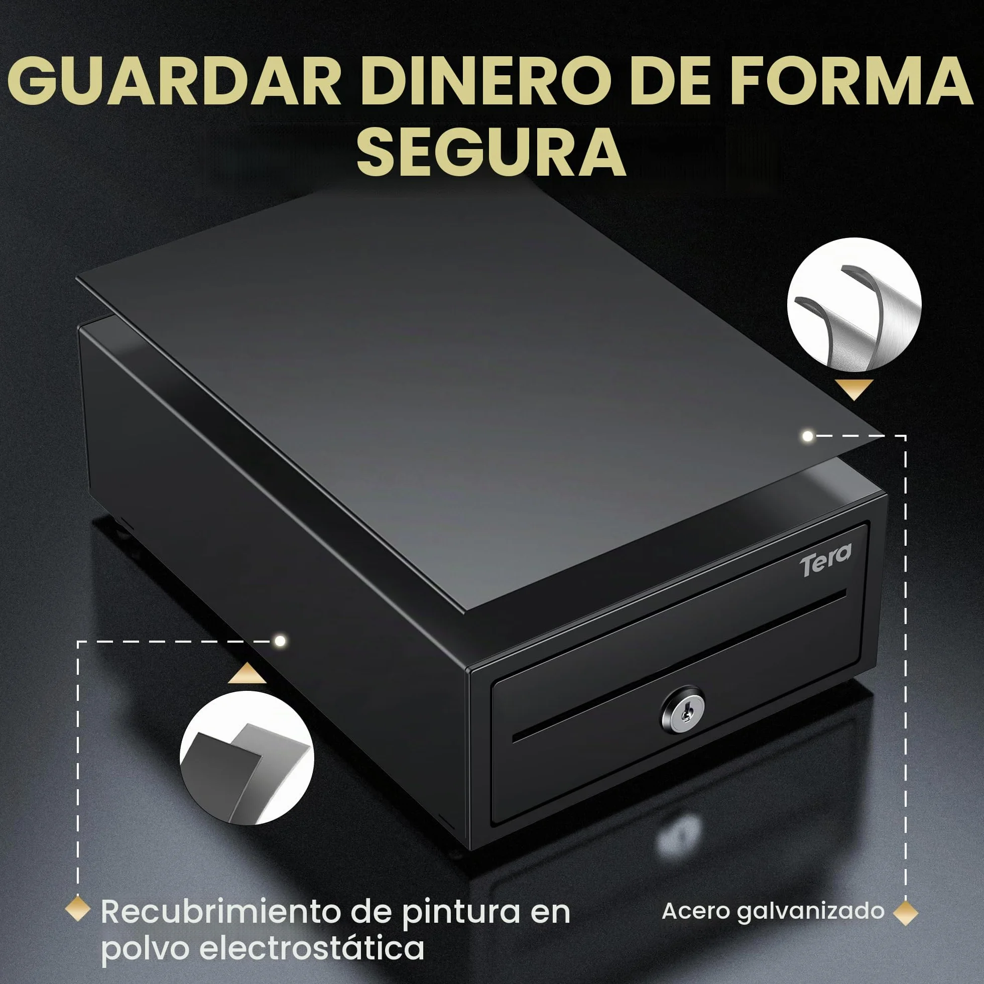 Tera Cajón Portamonedas Ajustable : 20,8 × 30 × 9,8 cm con 4 Compartimentos Billetes 6–8 Compartimentos Monedas Ranura de Depósito 2 Llaves Conexión RJ12 para Sistema POS Tiendas Supermercados 208