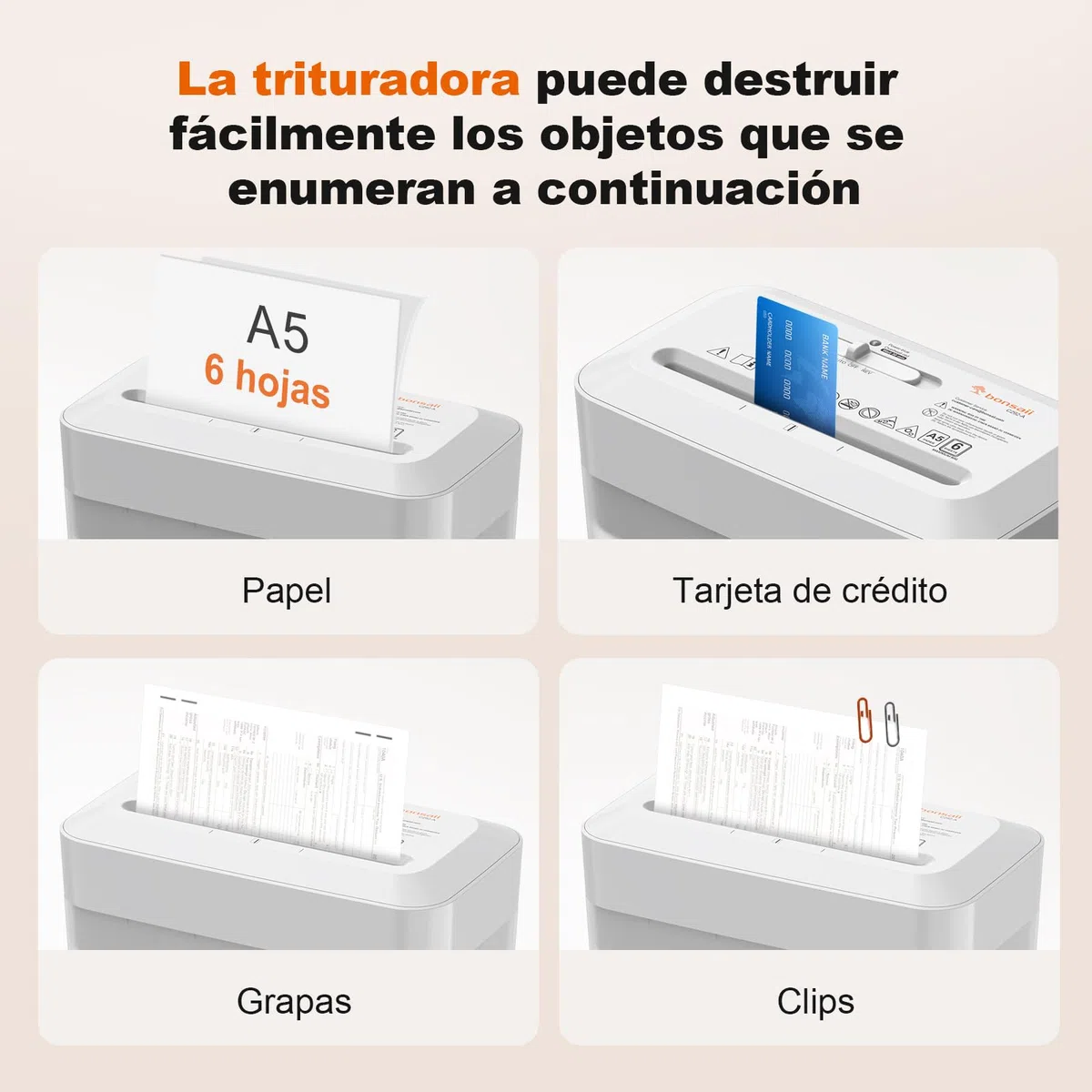 Bonsaii Trituradora de Papel, Corte Cruzado 6 Hojas (A5), Alta Seguridad P-4 con Papelera de 6L, para Papel, Tarjetas de Crédito, Clips & Grapas, C292-A