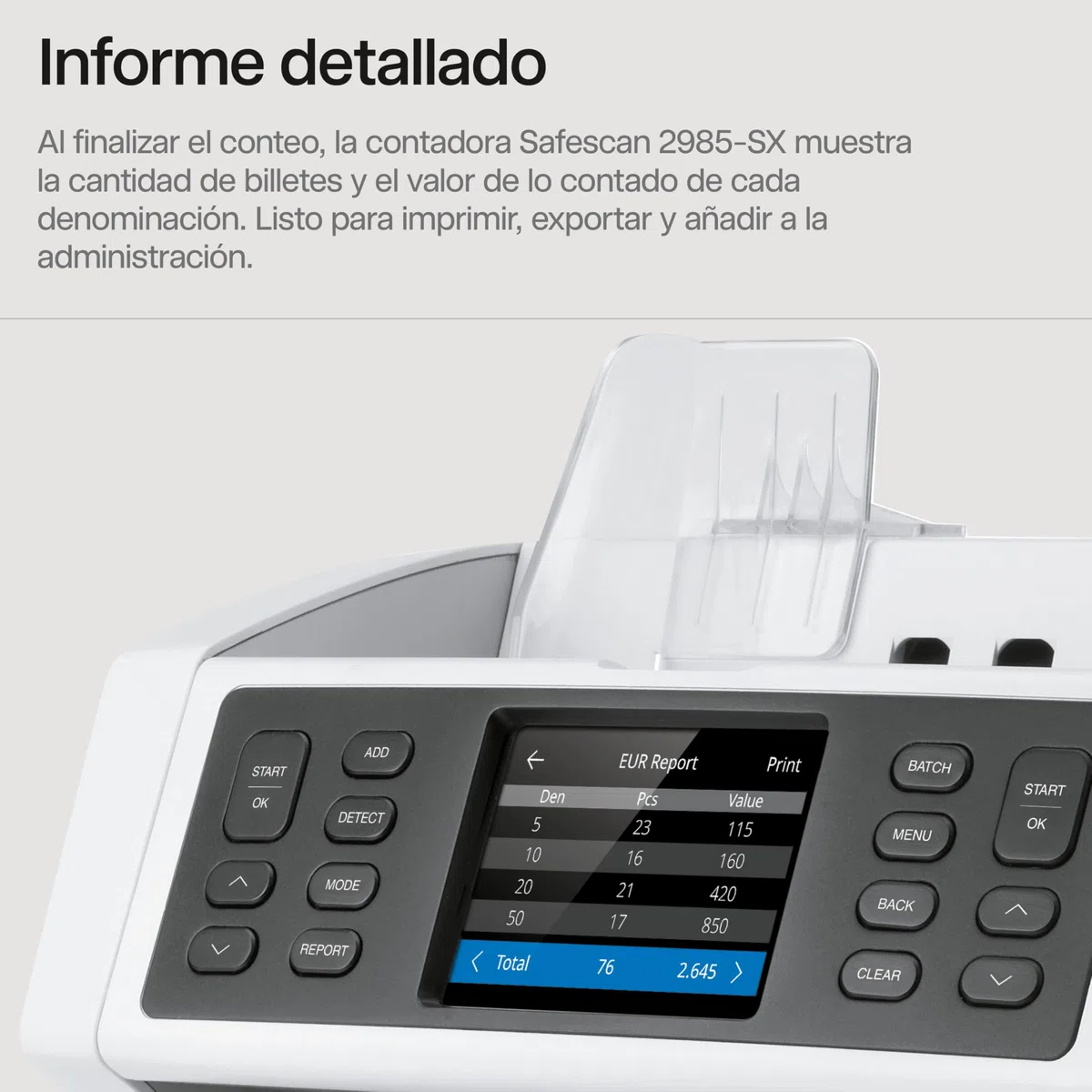 Safescan 2985-SX Contadora de billetes cuenta el valor y clasifica billetes mezclados - Contadora detectora de billetes falsos en 7 puntos - Máquina para contar billetes con opciones de clasificación